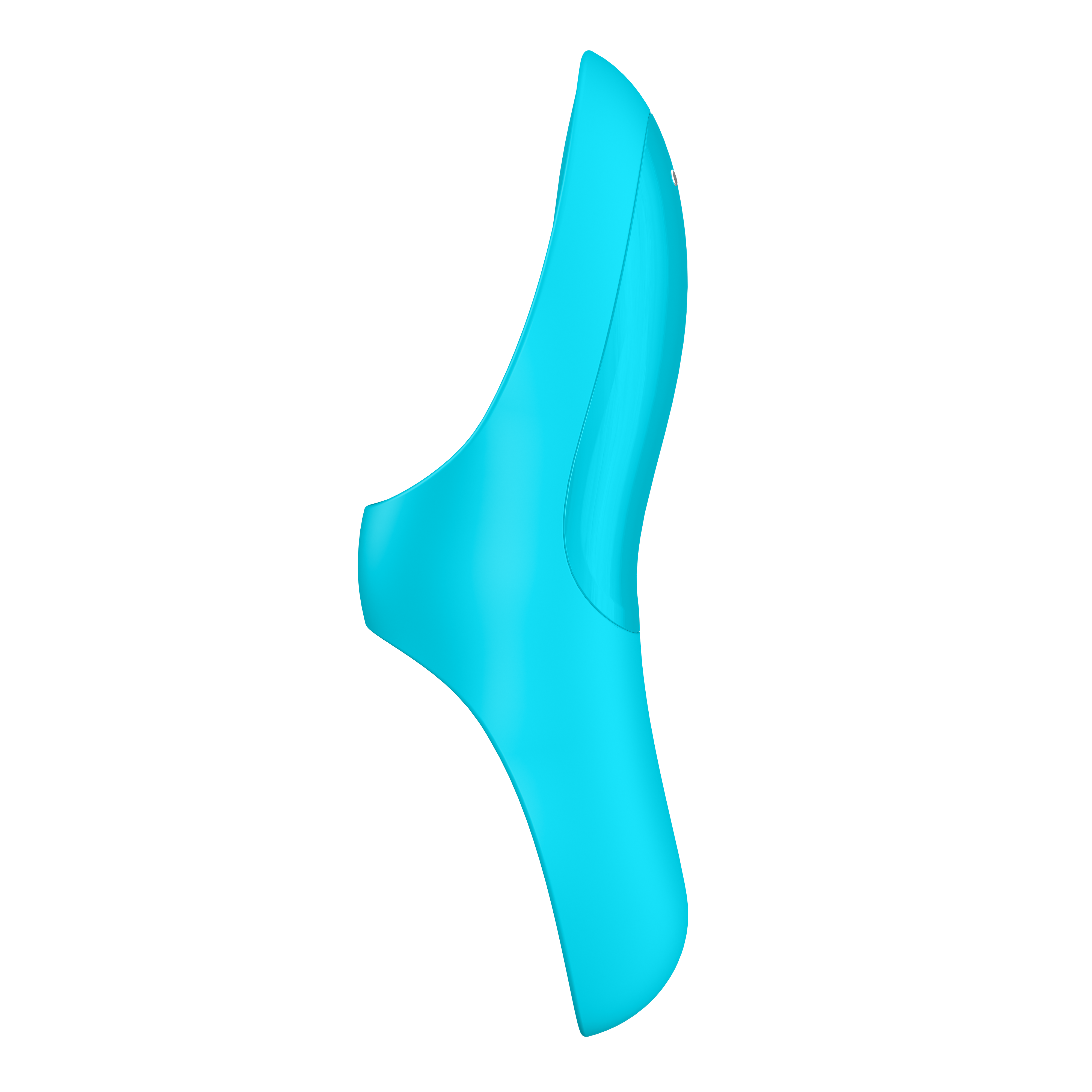 Jasnoniebieski, zakrzywiony, abstrakcyjny obiekt. Czarne tło. Widok z boku.