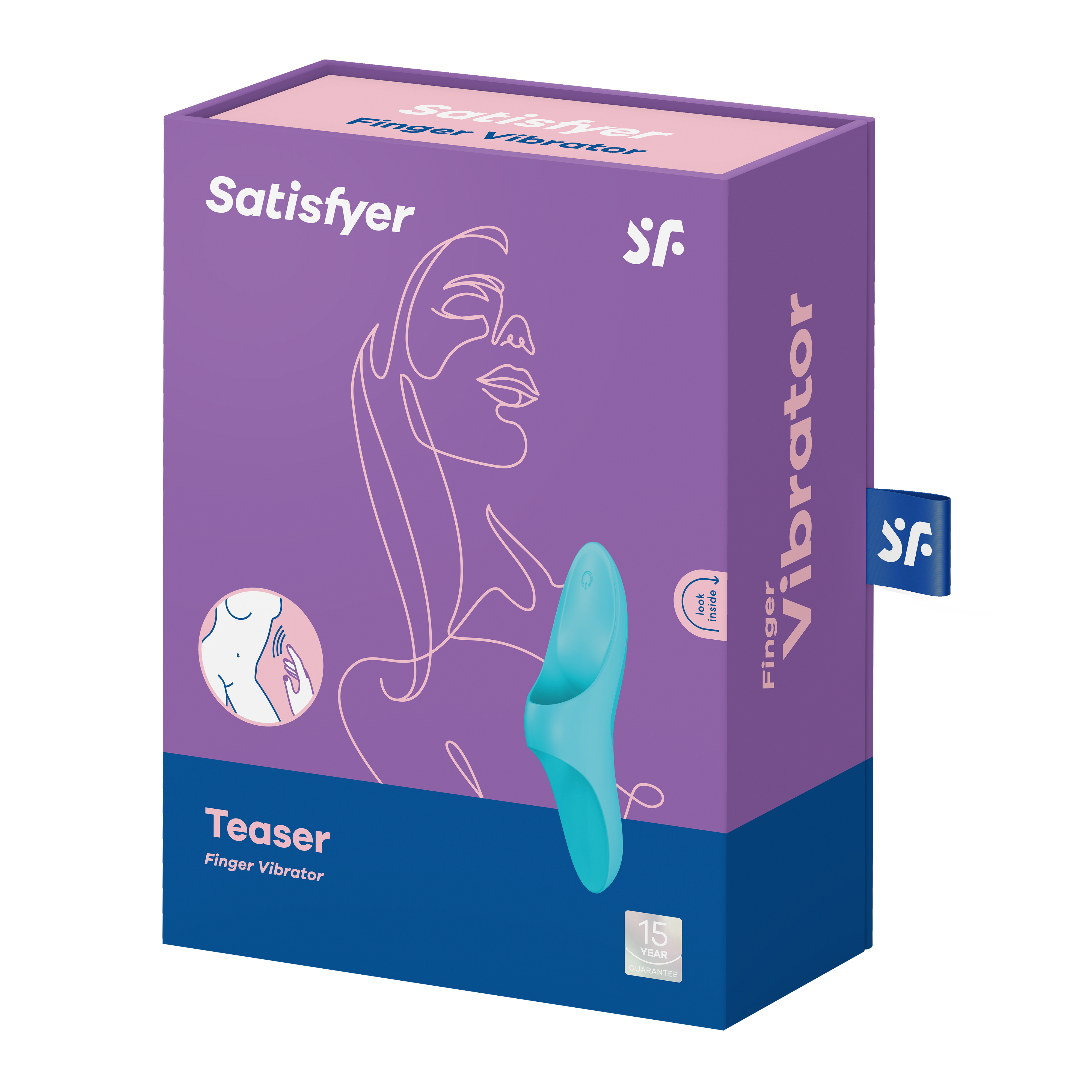 Pudełko wibratora palcowego, kolor turkusowy. Kolory fioletowy i niebieski. Białe tło.