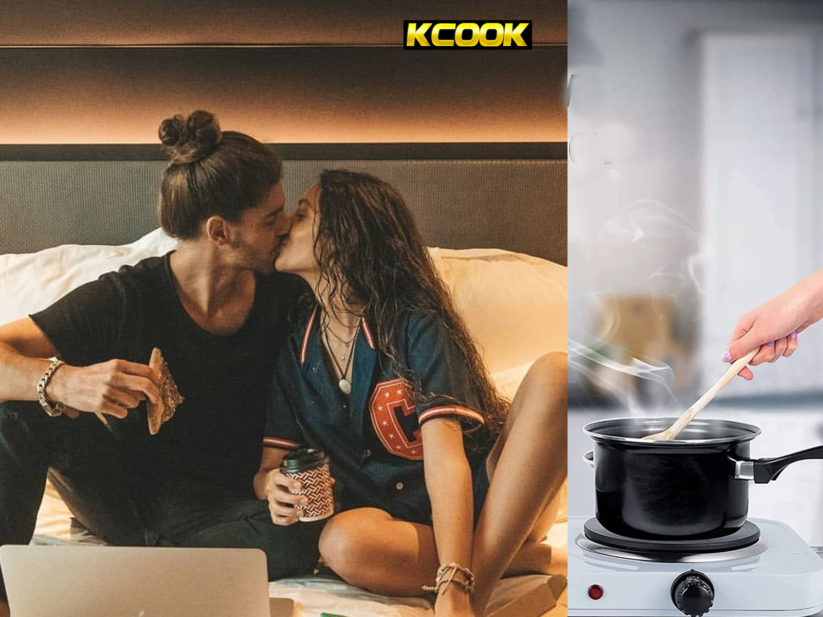 Dos imágenes. Pareja besándose en la cama, y una mano revolviendo una olla en una placa.