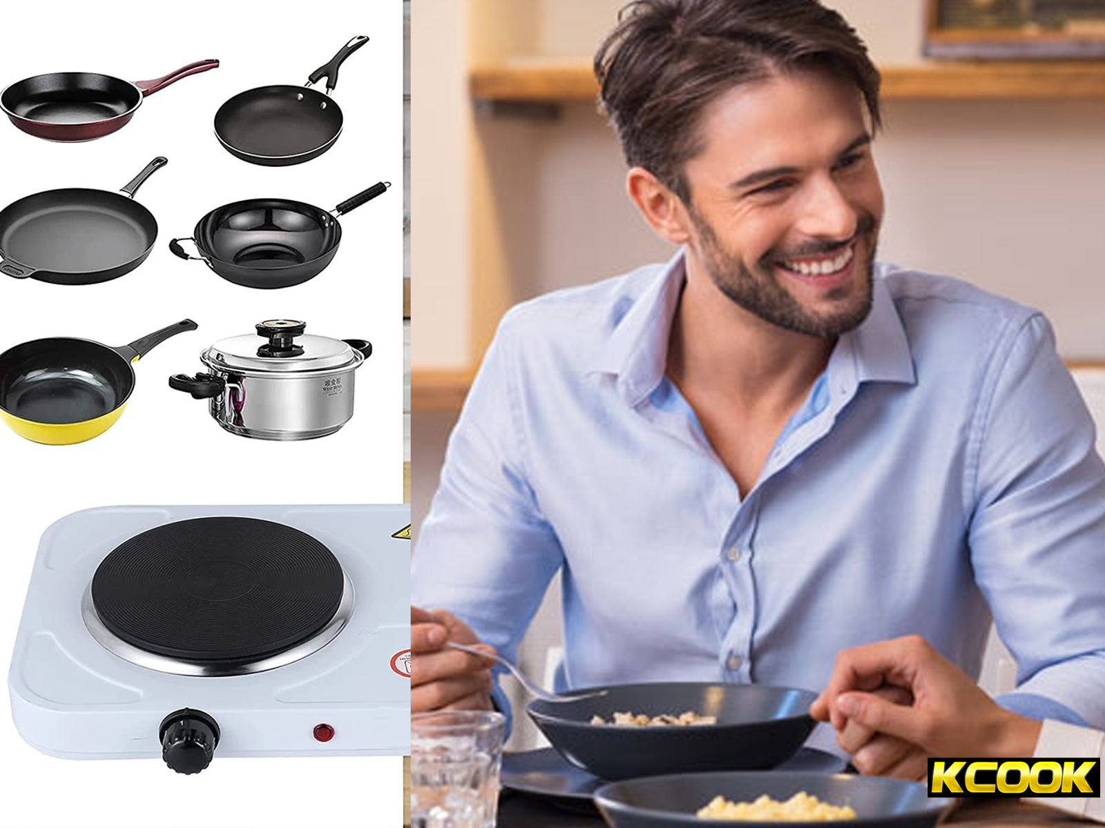 Un hombre, un juego de sartenes y una estufa. El hombre sonríe en la mesa y está comiendo.