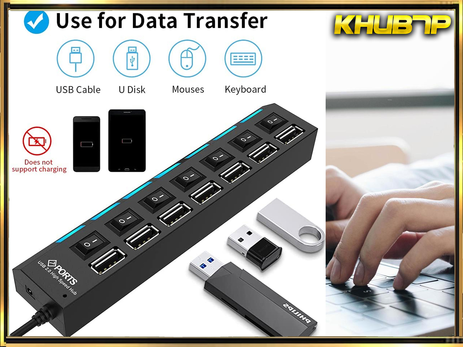 Concentrador USB negro con múltiples puertos USB, un cable y un diagrama.