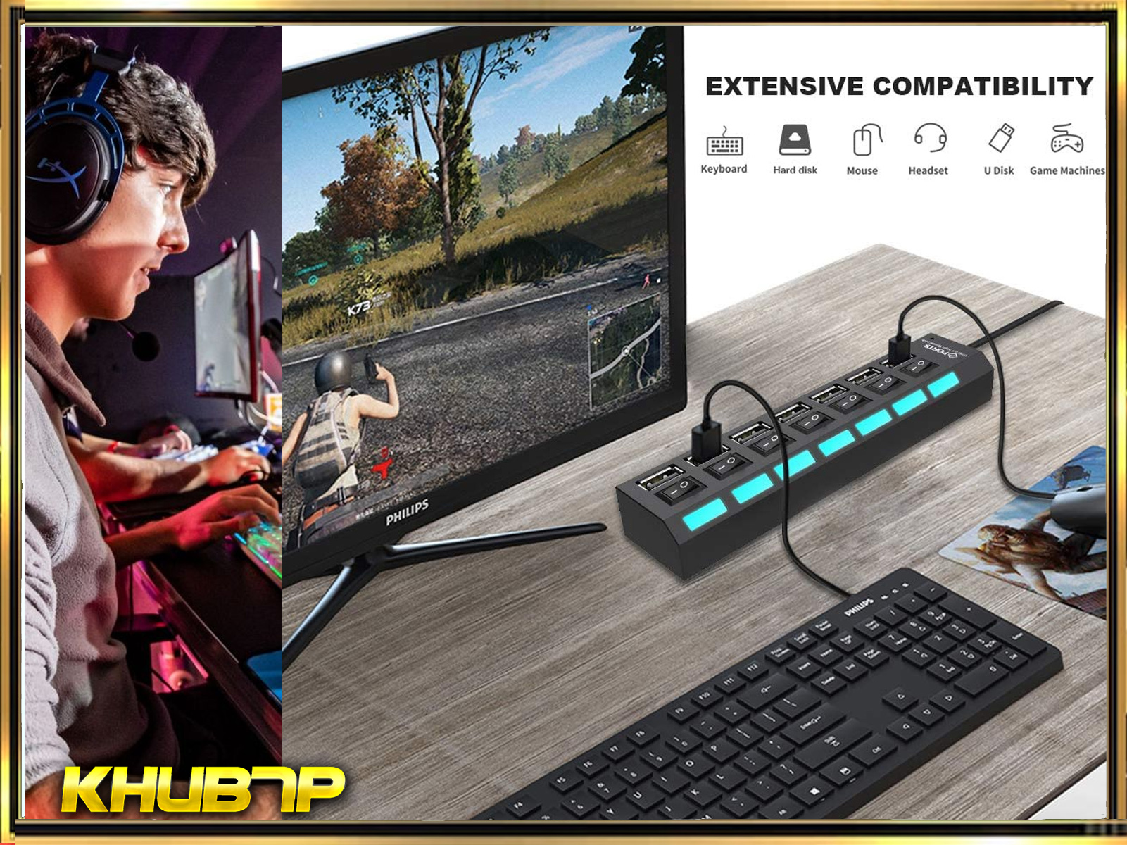Un jugador con auriculares y teclado, conectado a un monitor con un concentrador USB.