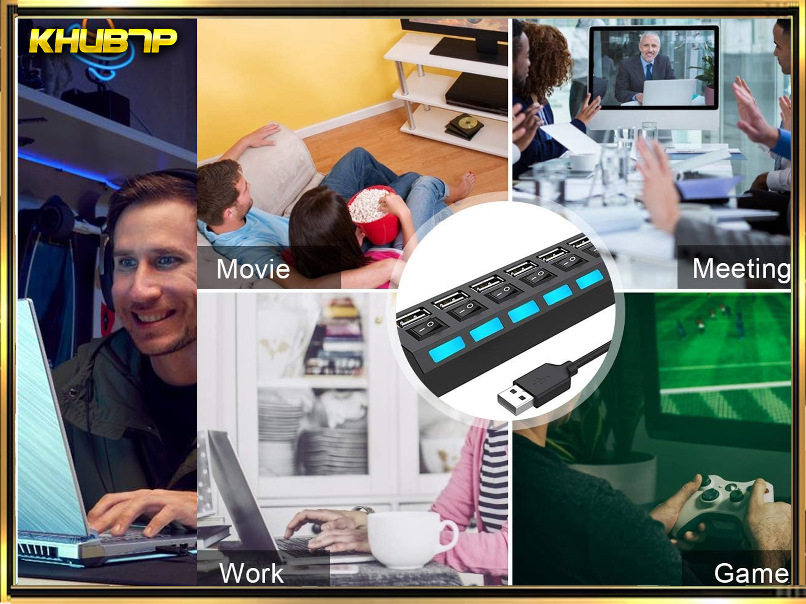 Un collage de personas usando un concentrador USB. Escenas: película, trabajo, juegos.