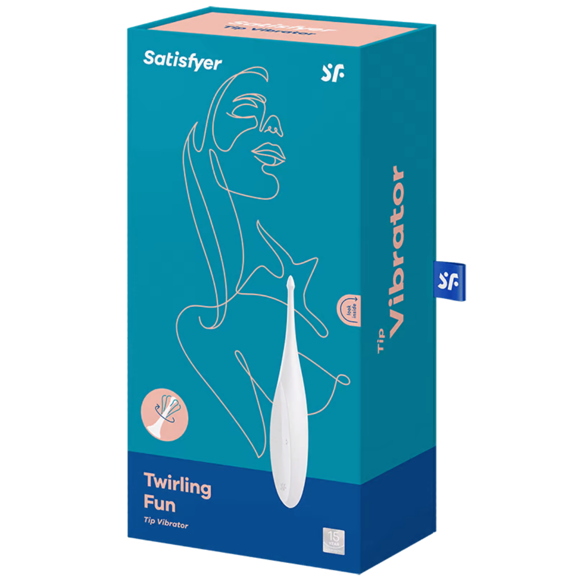 Pudełko z rysunkiem twarzy i wibratorem, tekst to 'Twirling Fun Tip Vibrator'.