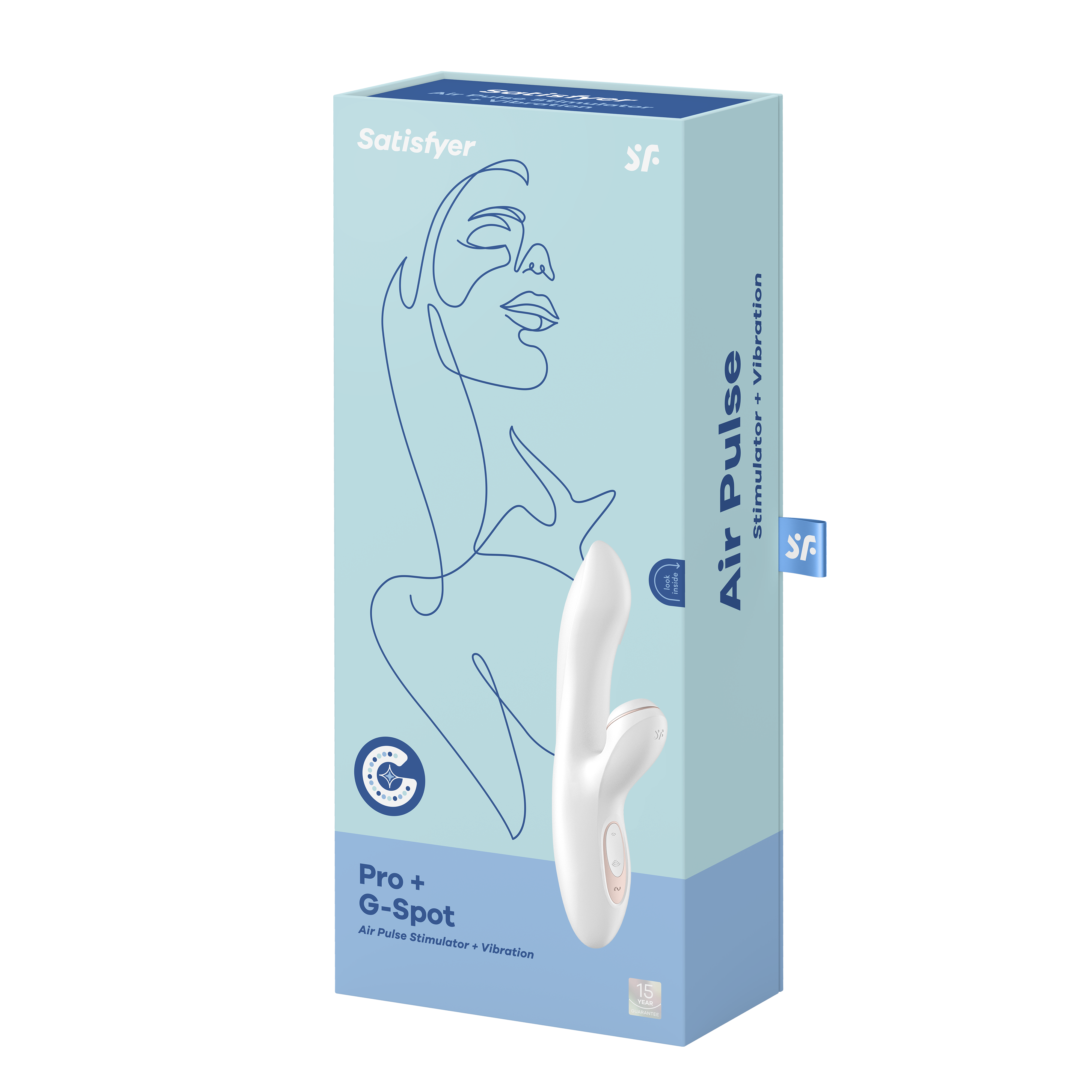 Pudełko stymulatora Satisfyer Air Pulse, biały produkt, z obrysem twarzy kobiety na pudełku.