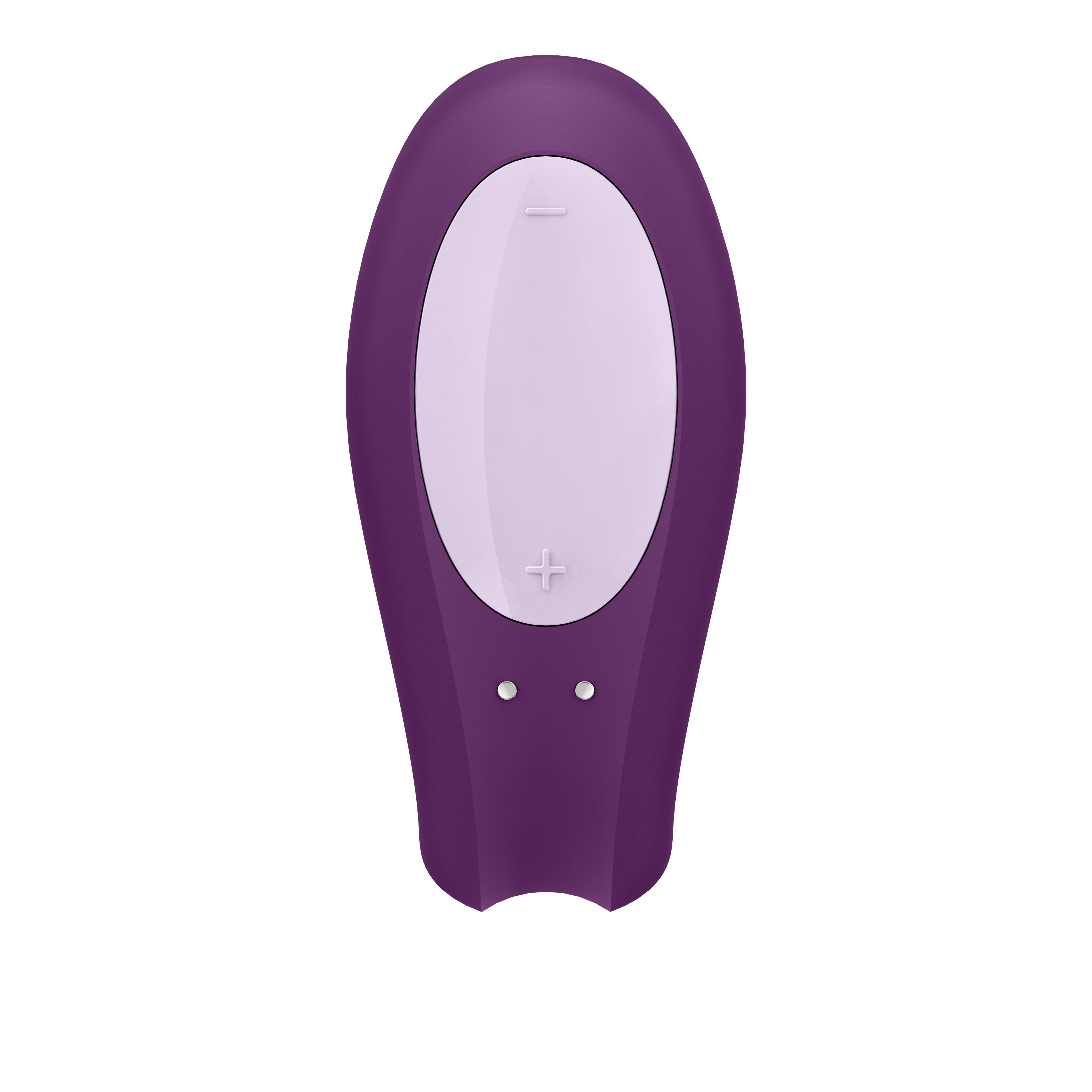 Fioletowa zabawka erotyczna z białym owalnym przyciskiem i przyciskiem krzyżykowym na czarnym tle.