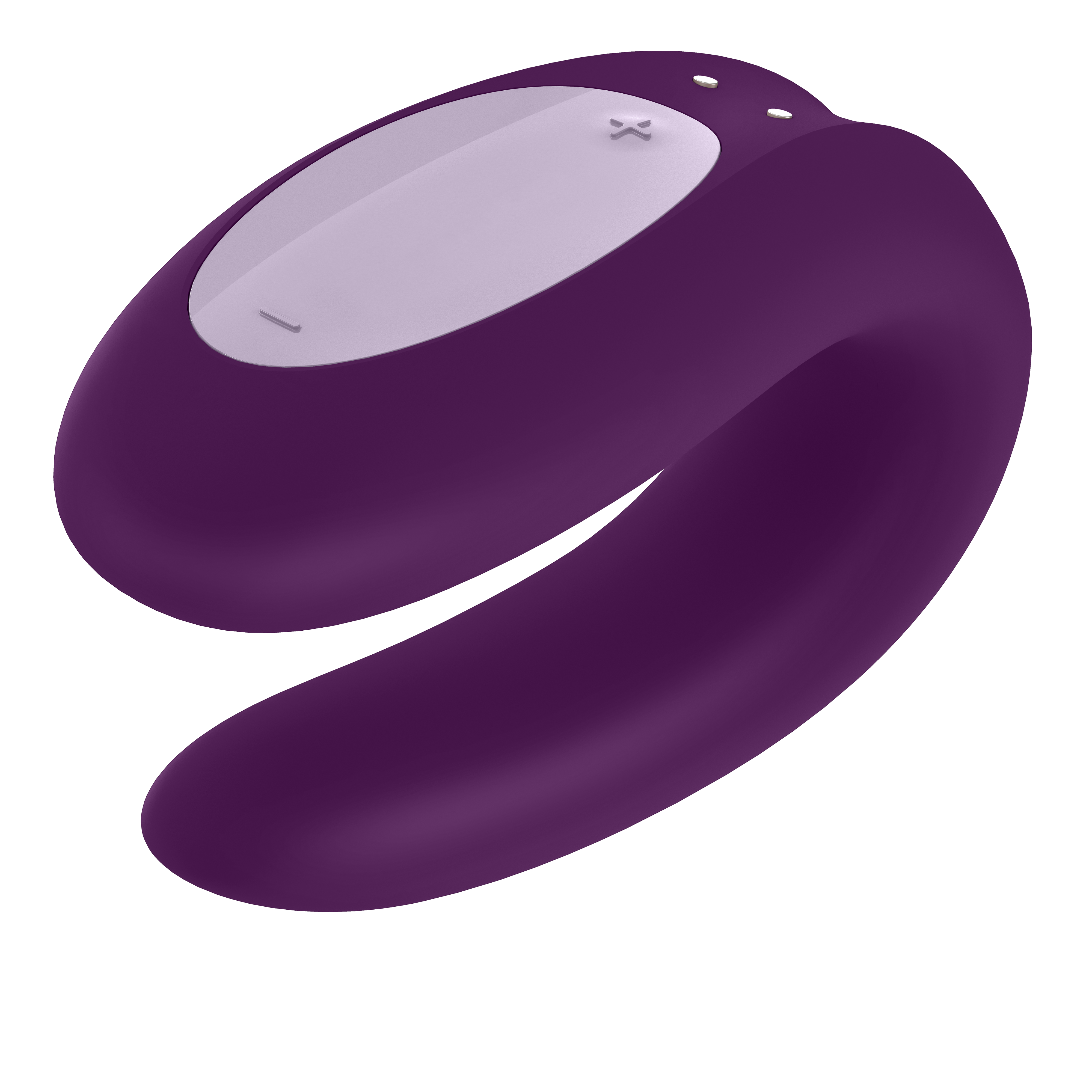 Fioletowa zabawka erotyczna o zakrzywionym kształcie, z dwoma przyciskami i białą powierzchnią sterowania.