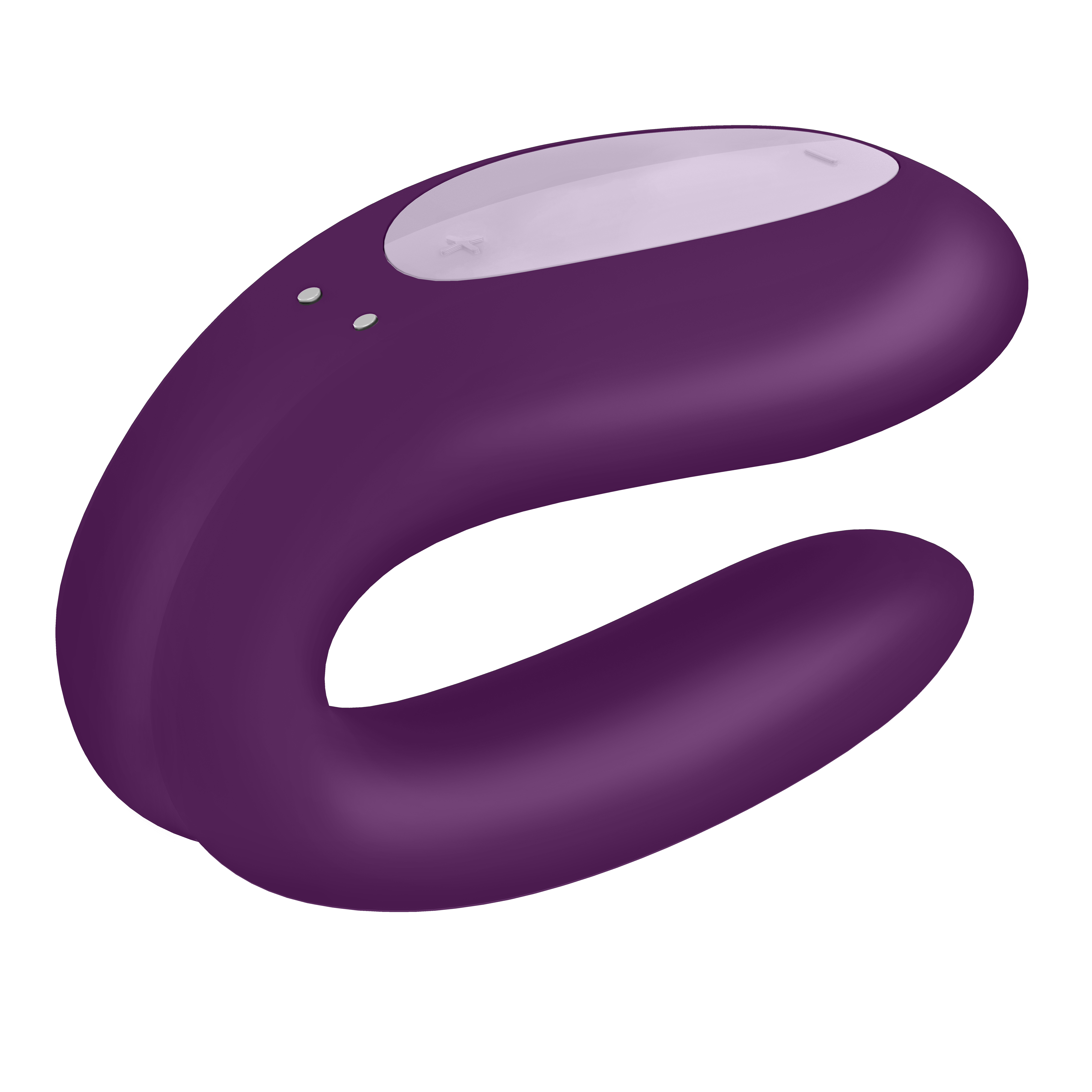 Fioletowa zabawka erotyczna z dwoma podniesionymi przyciskami. Zakrzywiony kształt, gładka tekstura, czarne tło.