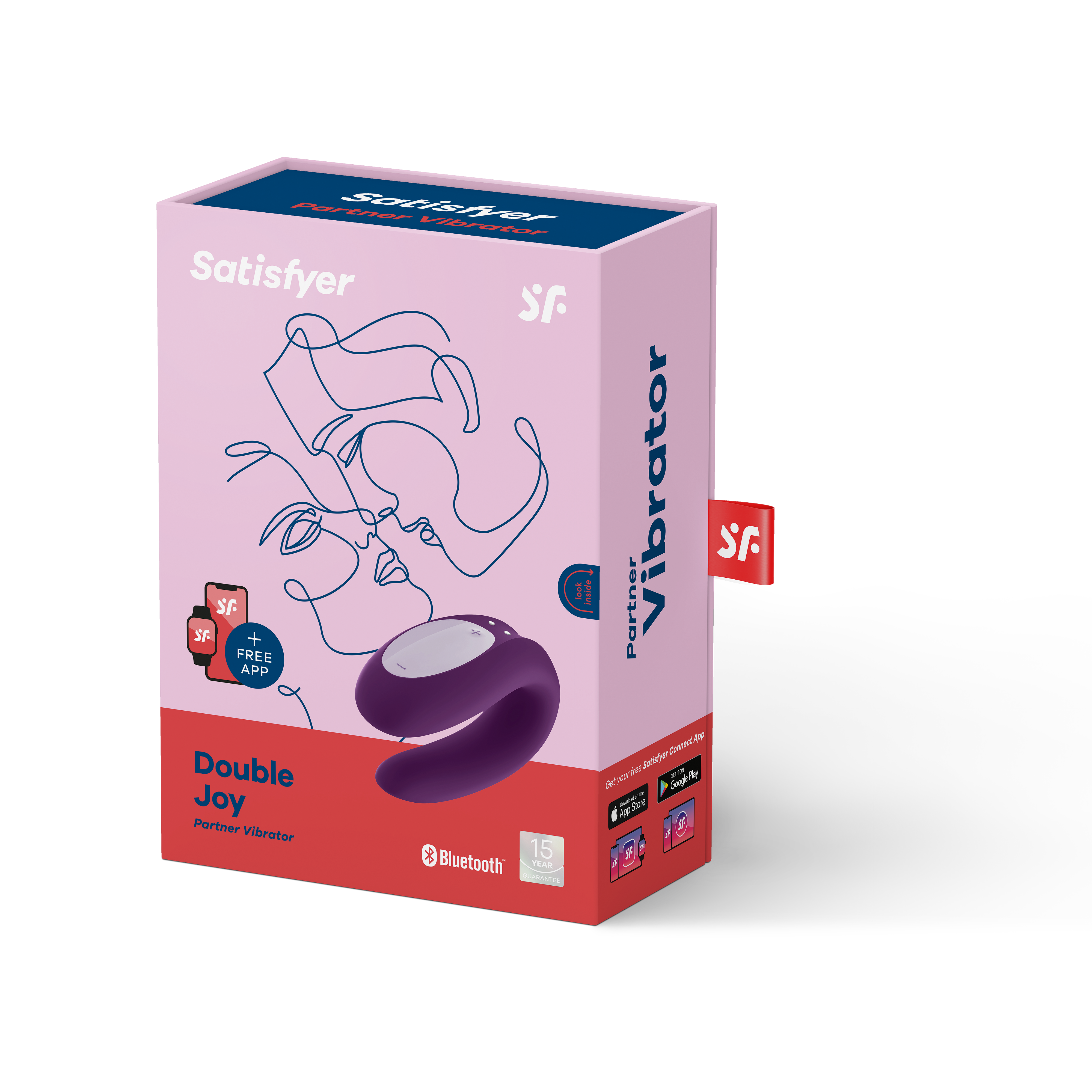Pudełko wibratora. Zawiera fioletowy obraz wibratora i szczegóły na różowym pudełku.