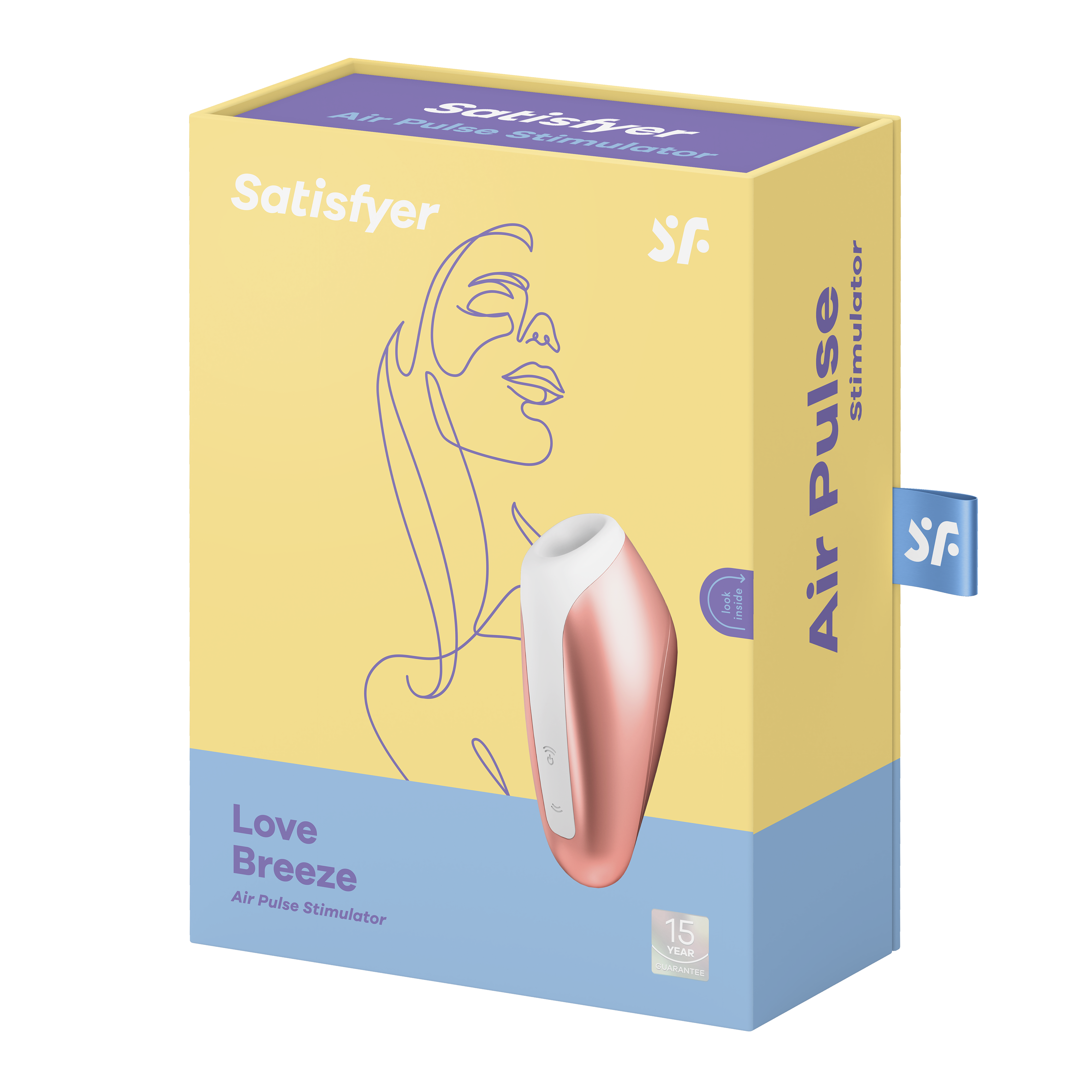 Caja Satisfyer Love Breeze, dispositivo rosa, fondo blanco. Presenta la cara de una mujer.