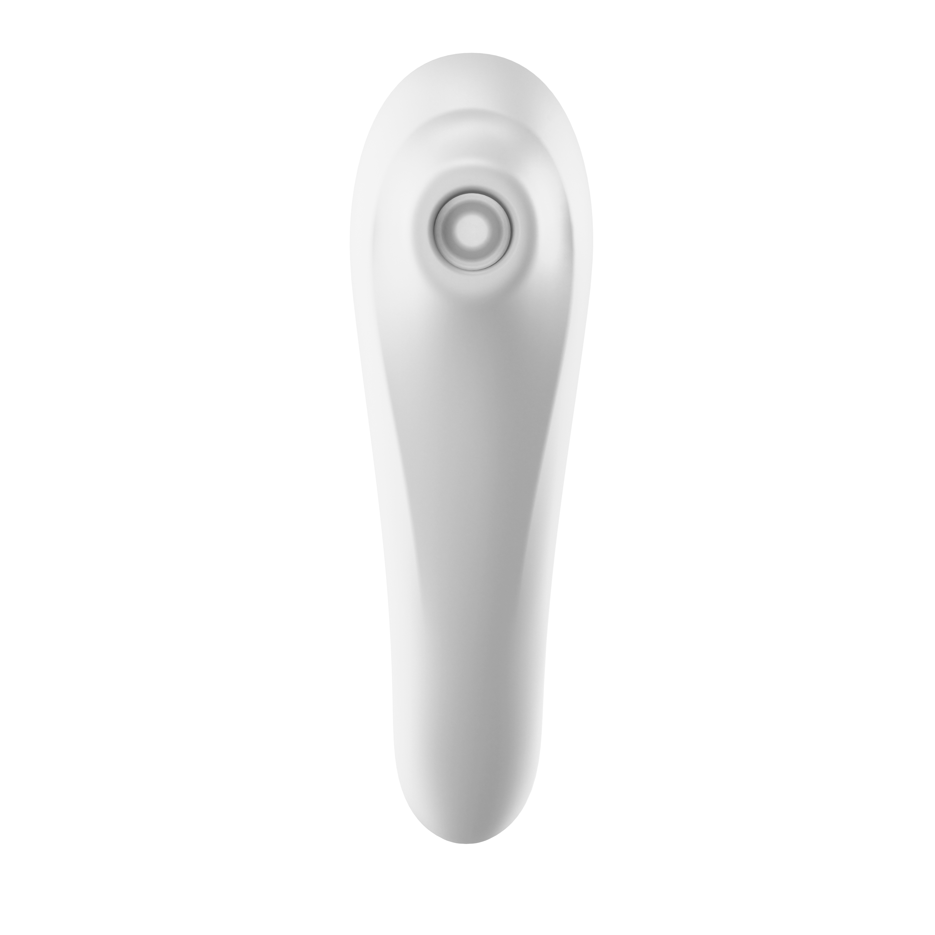 Biała zabawka erotyczna, widok z góry. Jest podłużna z zaokrągloną końcówką i małym otworem na górze.