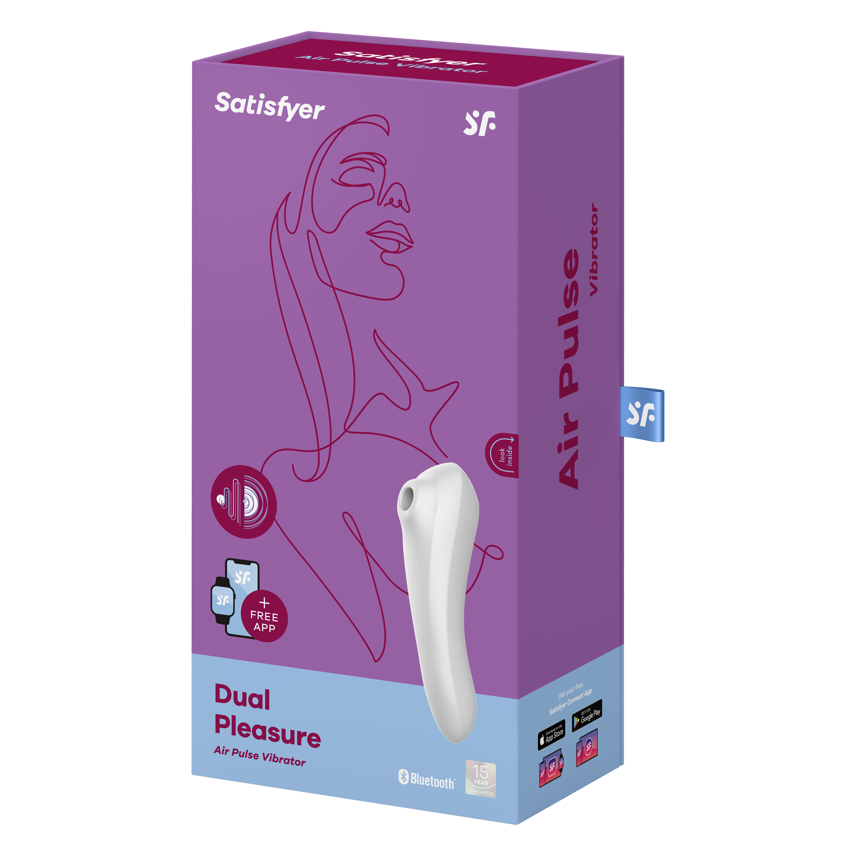 Pudełko z białym i fioletowym designem, zdjęcie kobiety i tekst dla wibratora.