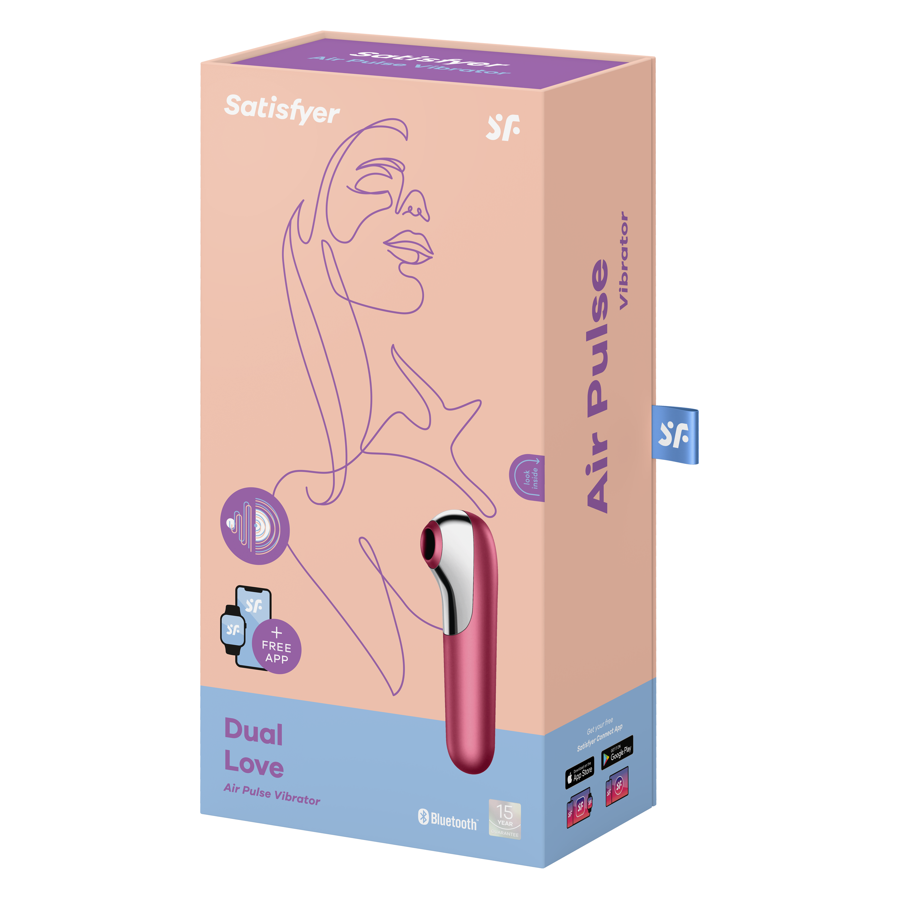 Różowy wibrator Satisfyer w pudełku, z informacjami o pobieraniu aplikacji i twarzą kobiety.