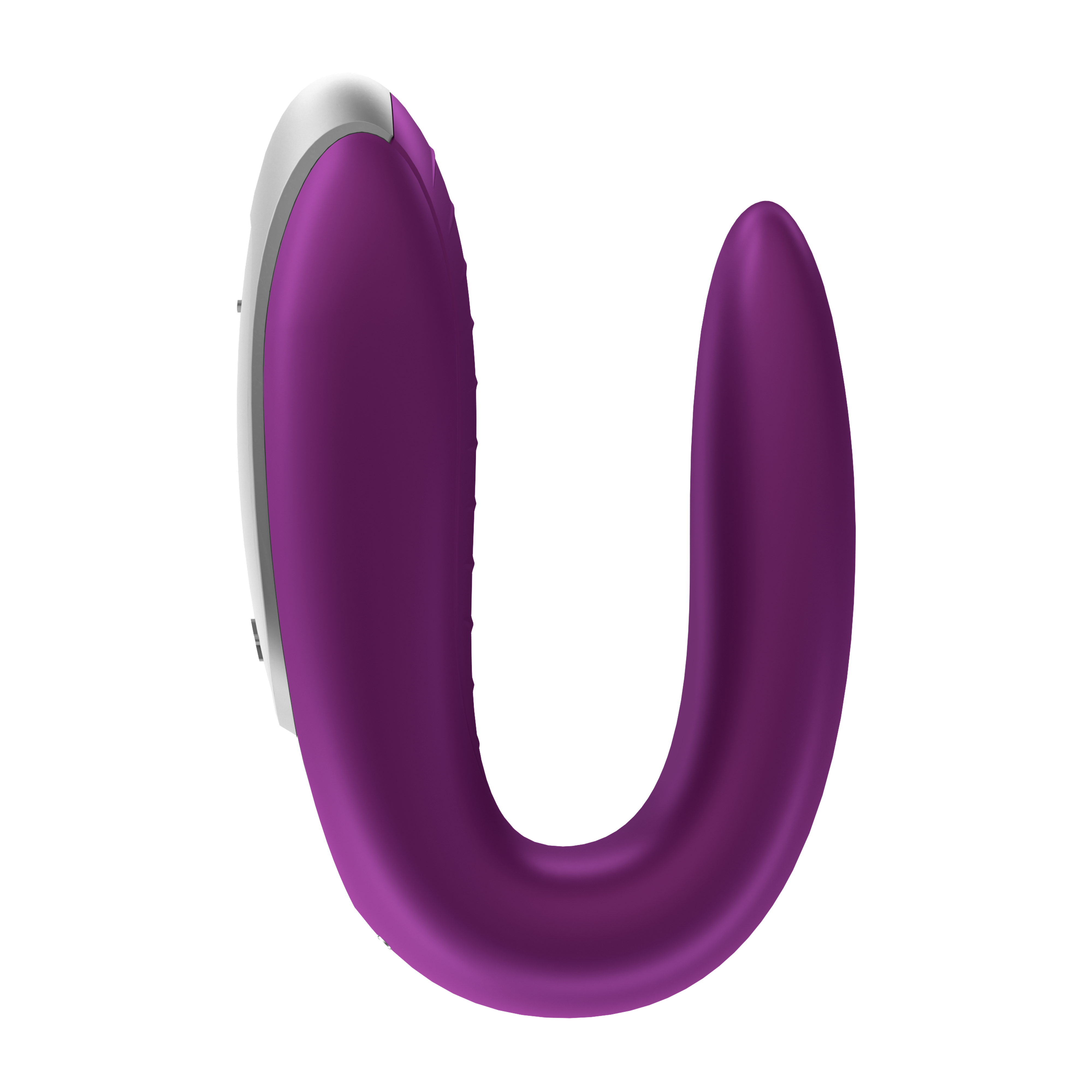 Fioletowa zabawka erotyczna w kształcie litery U. Ma srebrną krawędź.