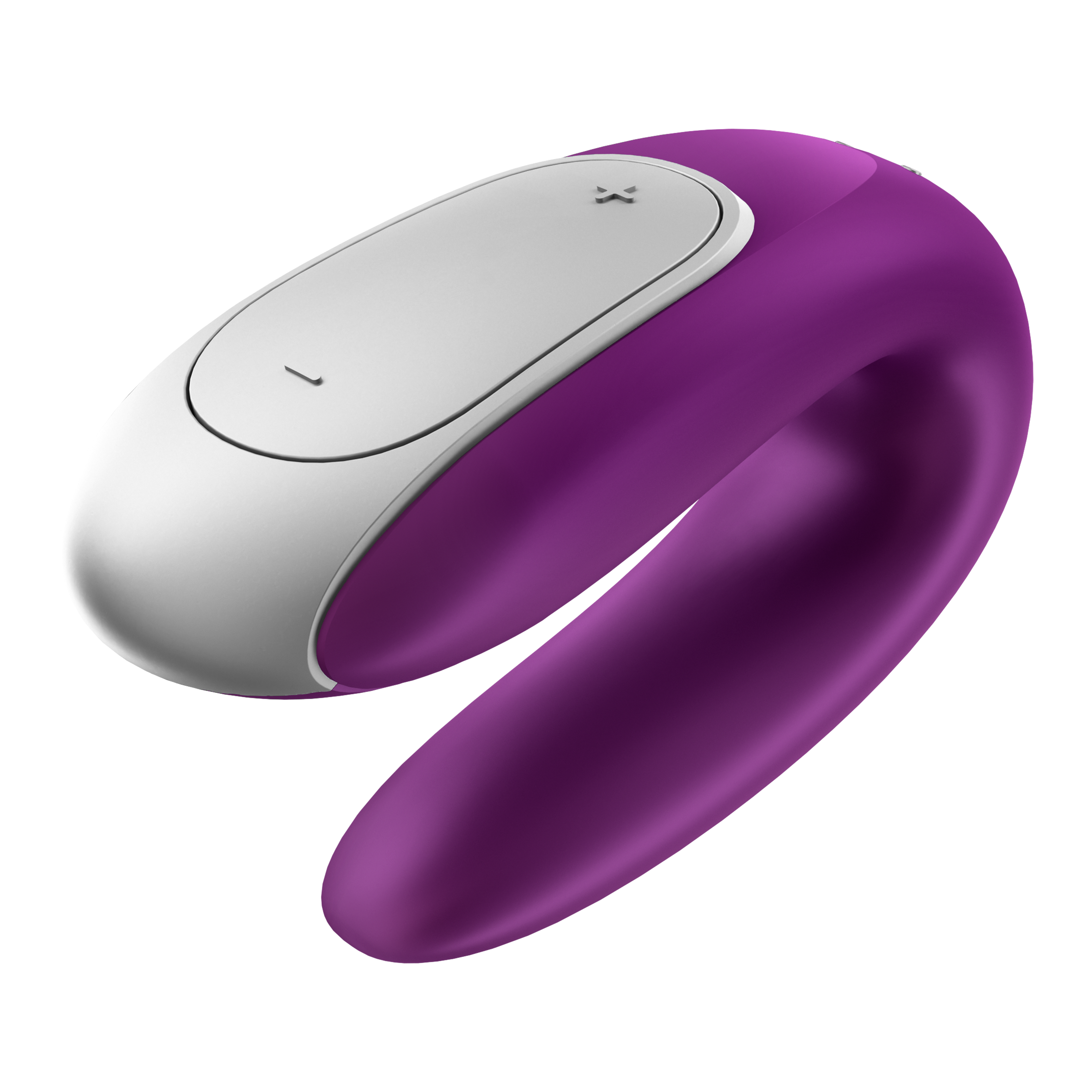 Fioletowa i biała zabawka erotyczna na czarnym tle. Ma zakrzywiony kształt.