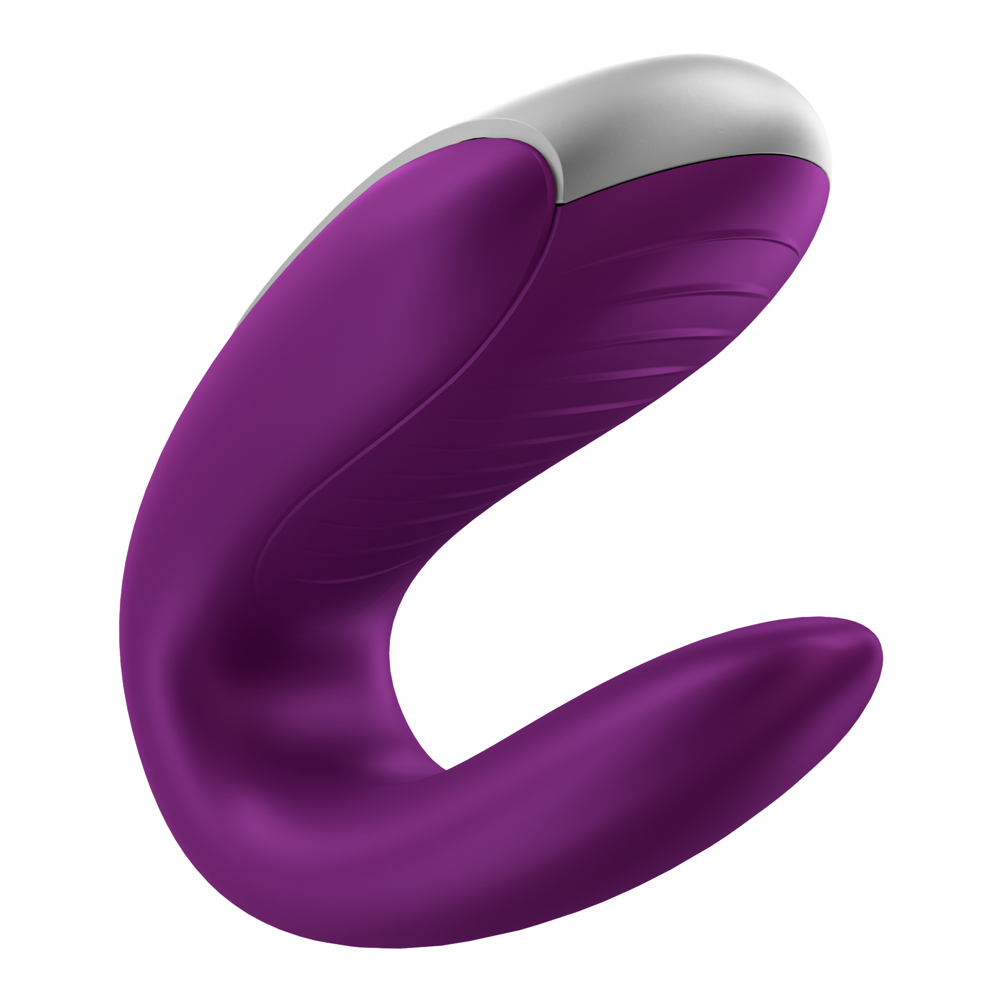 Fioletowy wibrator ze srebrną górą, zakrzywiony kształt, na czarnym tle.