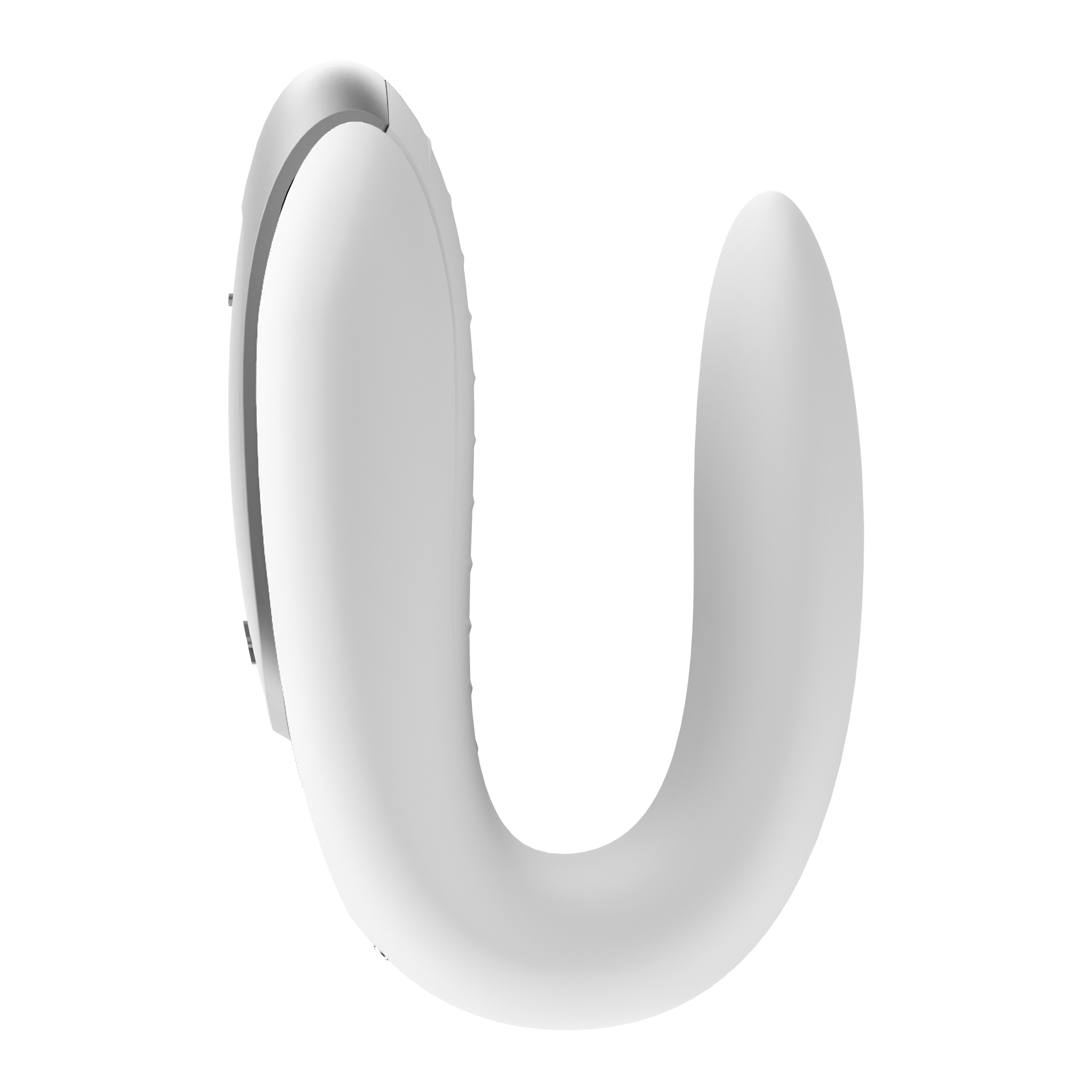Vibrador blanco en forma de U con parte superior curvada y fondo negro.