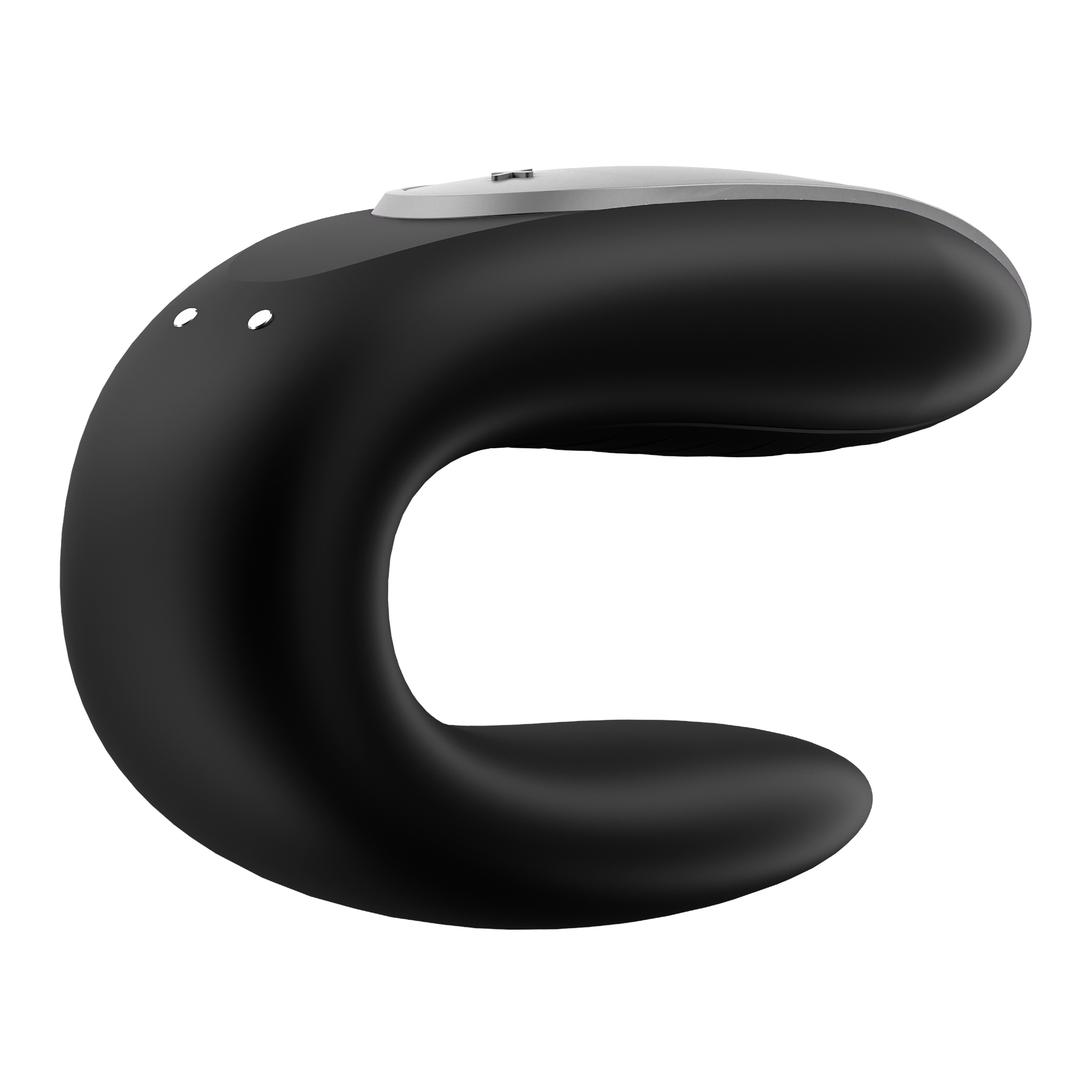 Czarna, zakrzywiona zabawka erotyczna z dwoma białymi kropkami. Ma srebrny przycisk na górze.