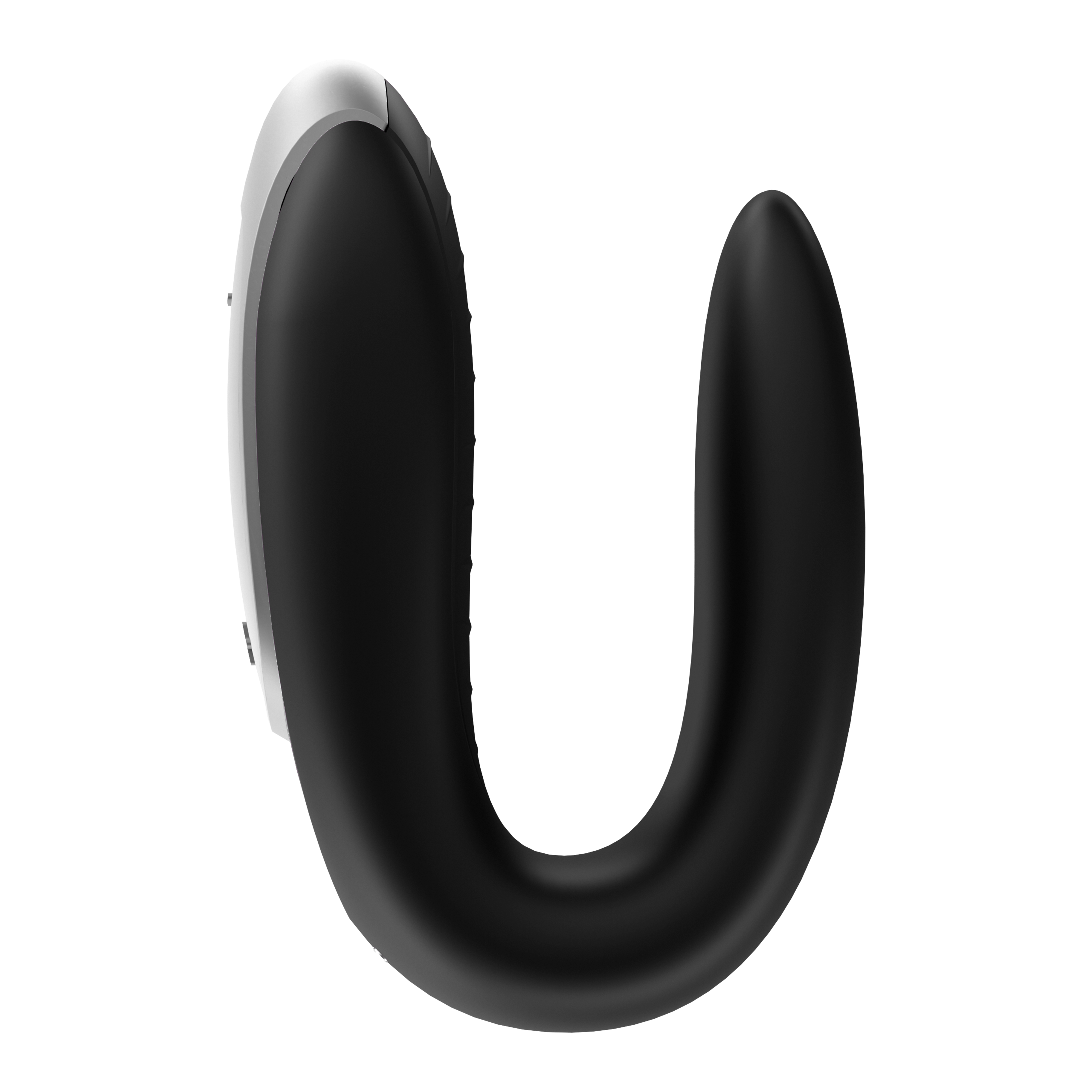 Czarna zabawka erotyczna, zakrzywiony design, biały detal, gładka tekstura, izolowana, studio.