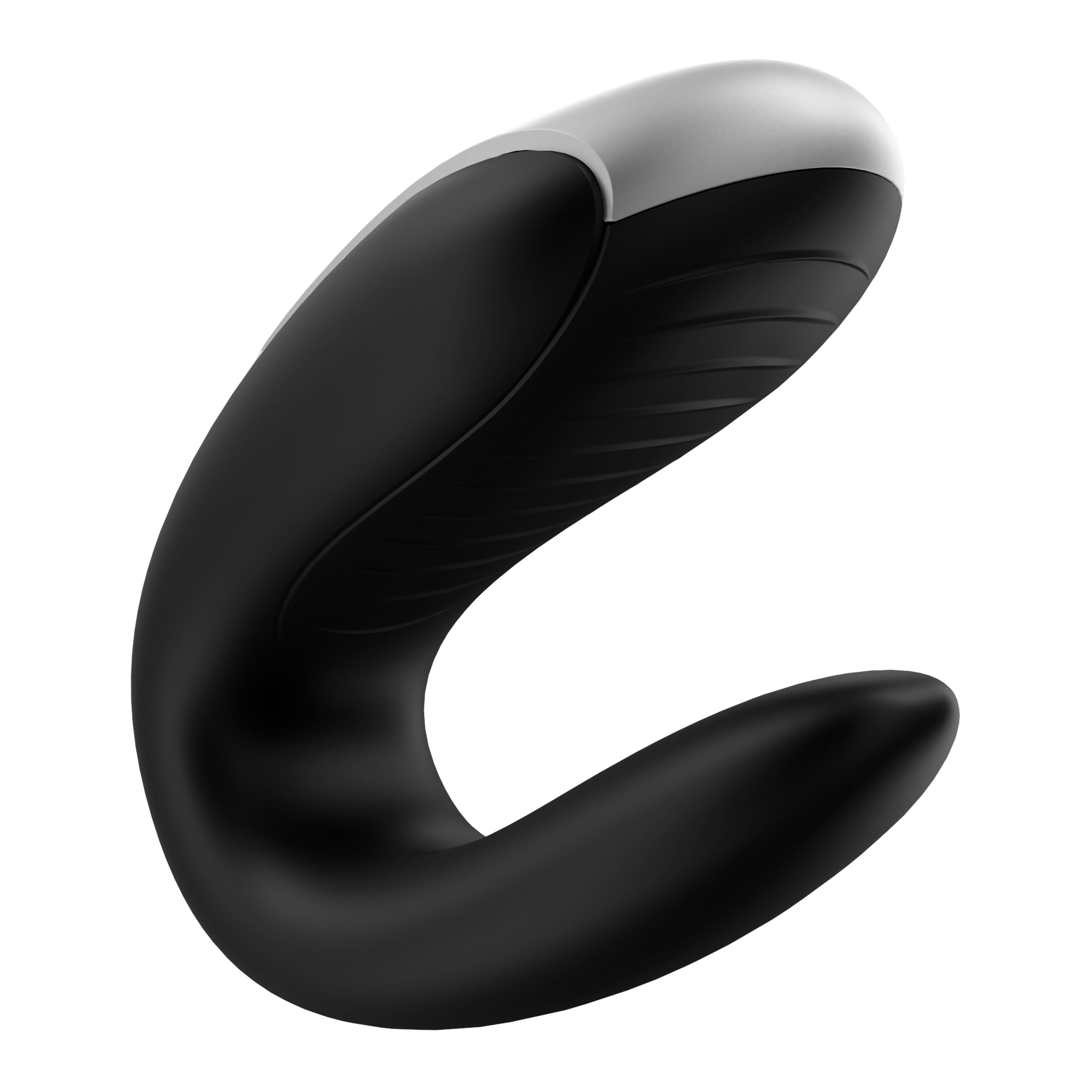 Czarna zabawka erotyczna o zakrzywionym kształcie, białym wierzchu i żebrowanej fakturze. Na czarnym tle.