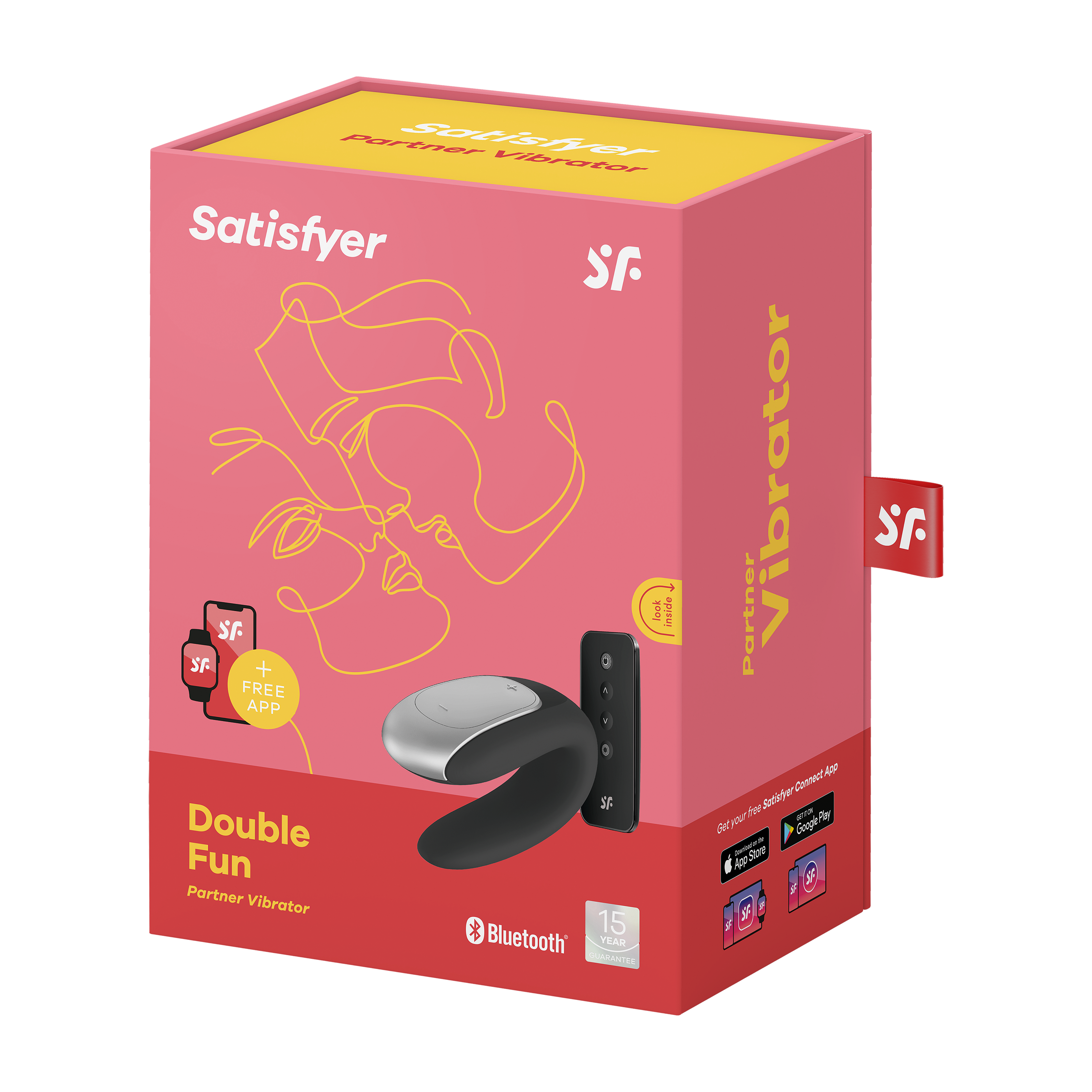 Różowe i czerwone pudełko 'Satisfyer Double Fun' z wibratorem i pilotem.