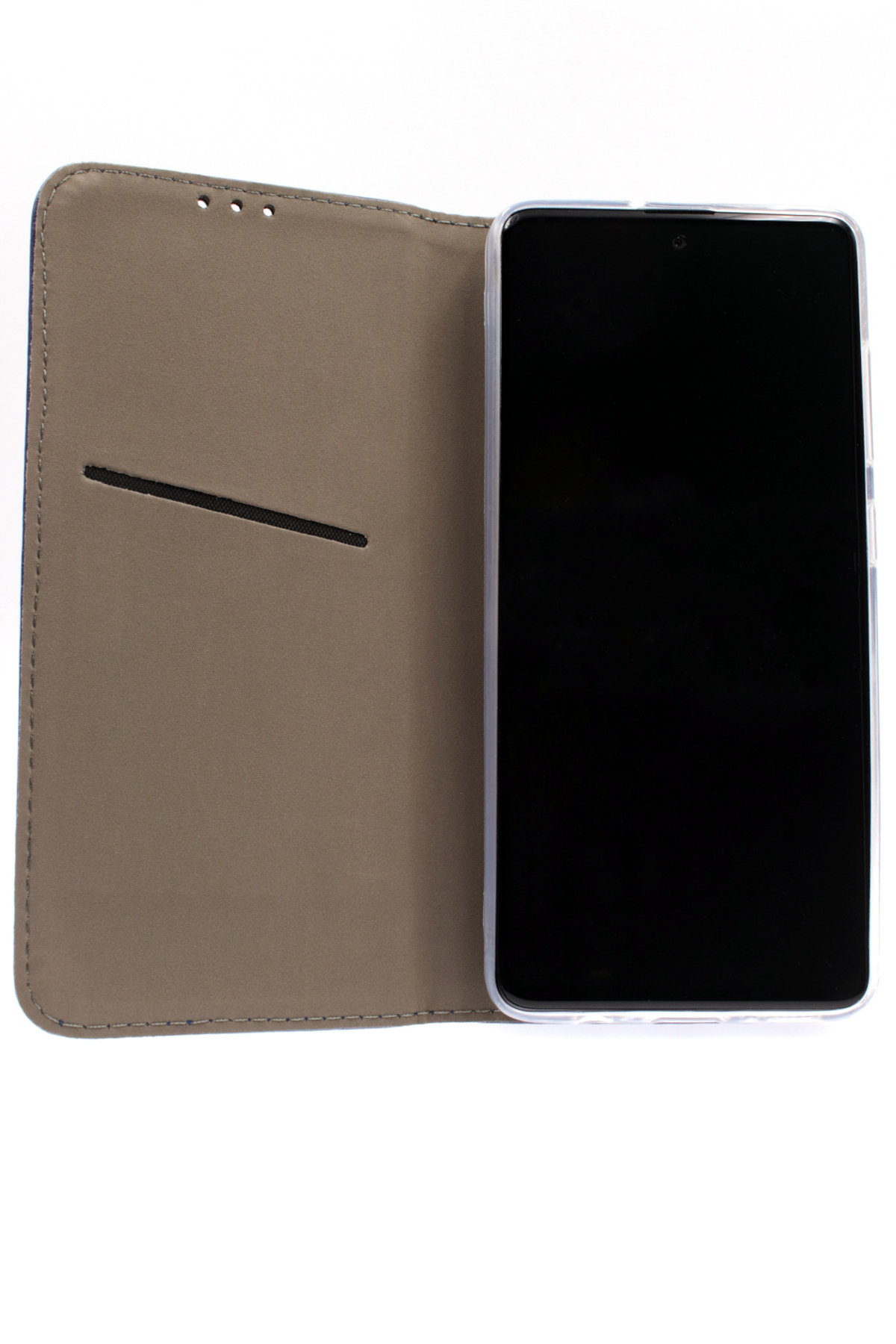Geöffnete Telefonhülle mit Telefon darin. Der Bildschirm des Telefons ist schwarz.