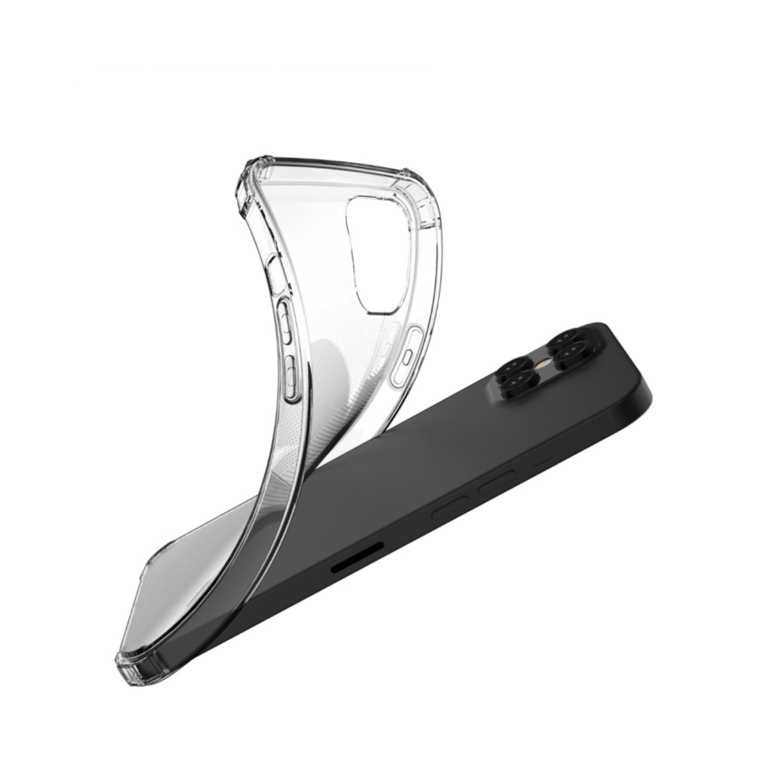 Mobiltelefon und transparente Handyhülle. Weißer Hintergrund.