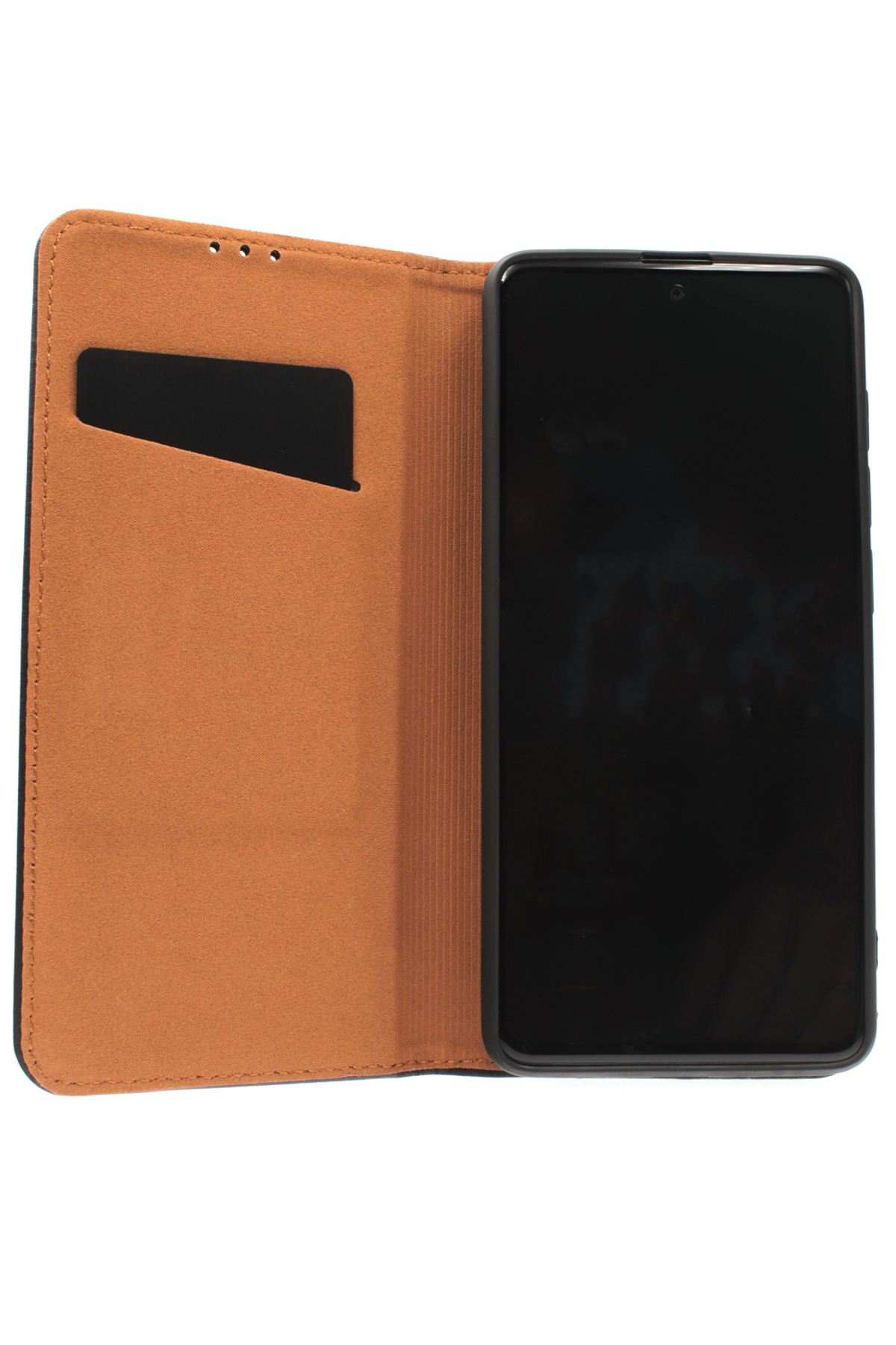 Geöffnete schwarze Handyhülle mit Telefon darin. Die Hülle ist innen braun. Weißer Hintergrund.