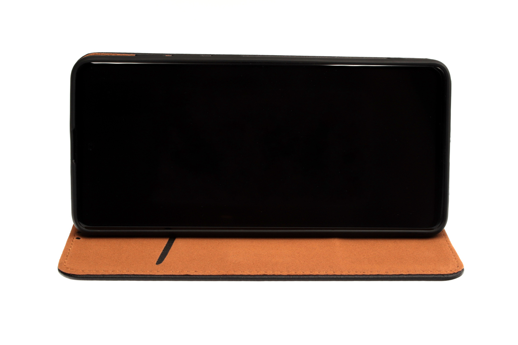 Ein Telefon in einer braunen Lederhülle, horizontal dargestellt.