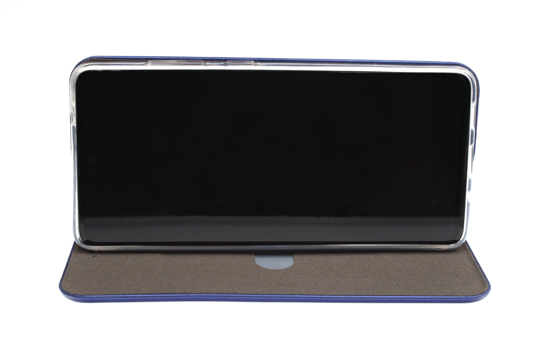 Telefon in einer blauen Hülle, offen, auf weißem Hintergrund.