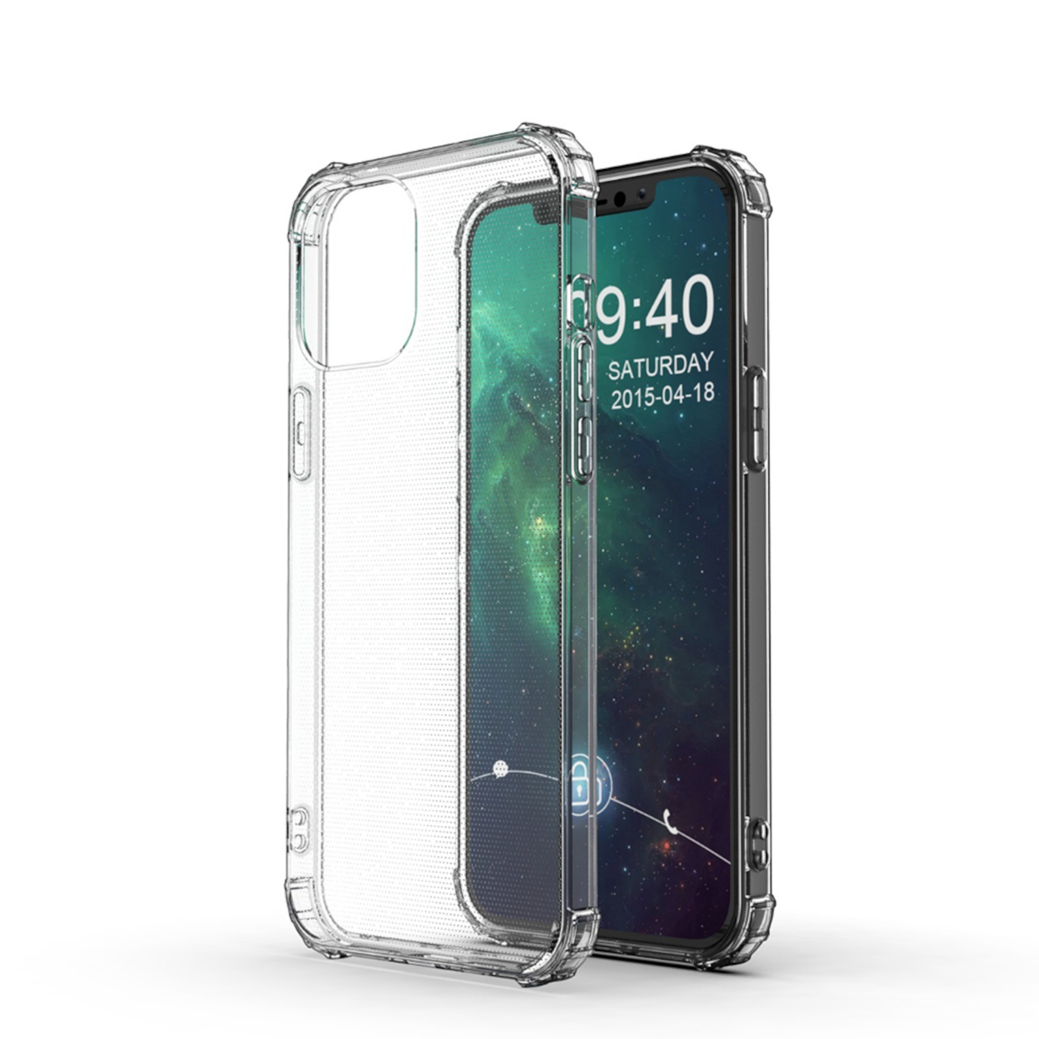 Transparente Handyhülle auf einem Handy, Seitenansicht, zeigt den Bildschirm des Handys.