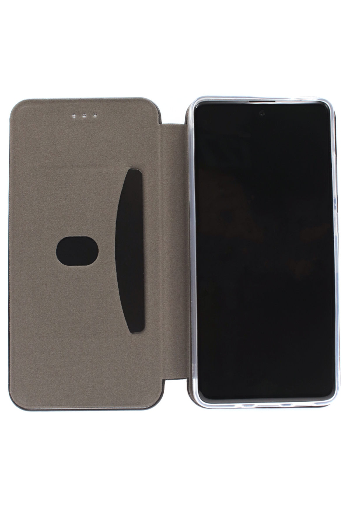 Geöffnete Handyhülle mit Telefon darin, auf weißem Hintergrund. Das Telefon ist schwarz.