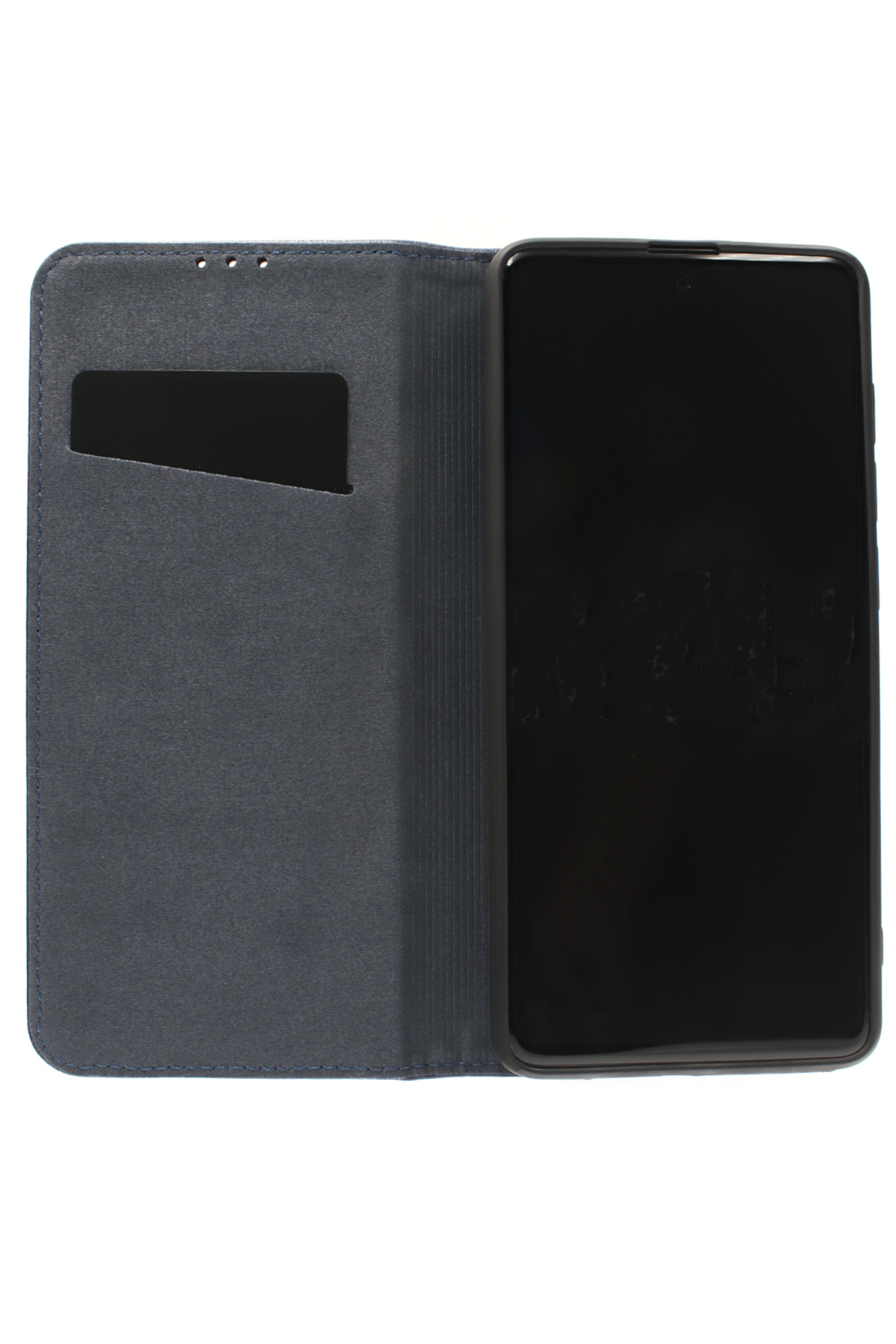 Ein Smartphone in einer blauen Hülle, geöffnet. Der Bildschirm ist schwarz. Es gibt einen Kartenschlitz.
