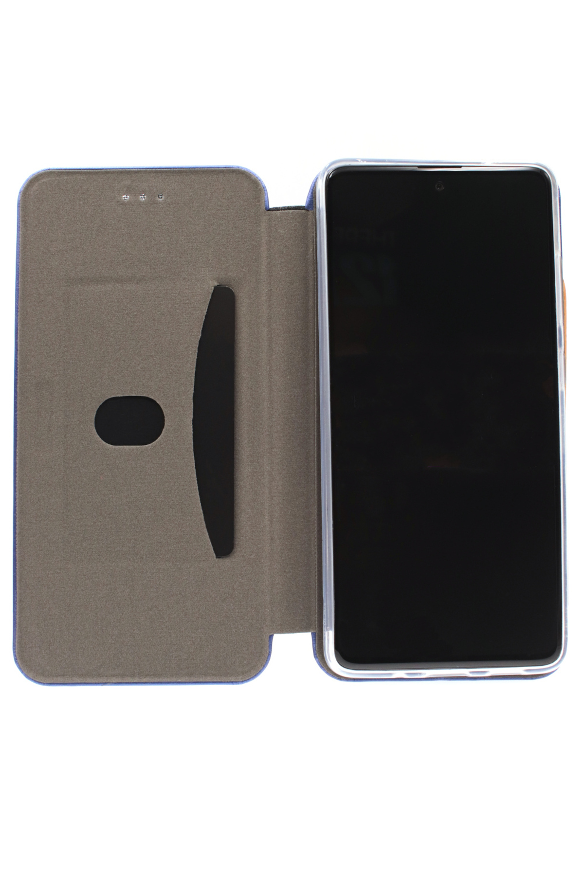 Geöffnete Handyhülle, zeigt Telefon im Inneren mit blauem Cover und braunem Innenraum.