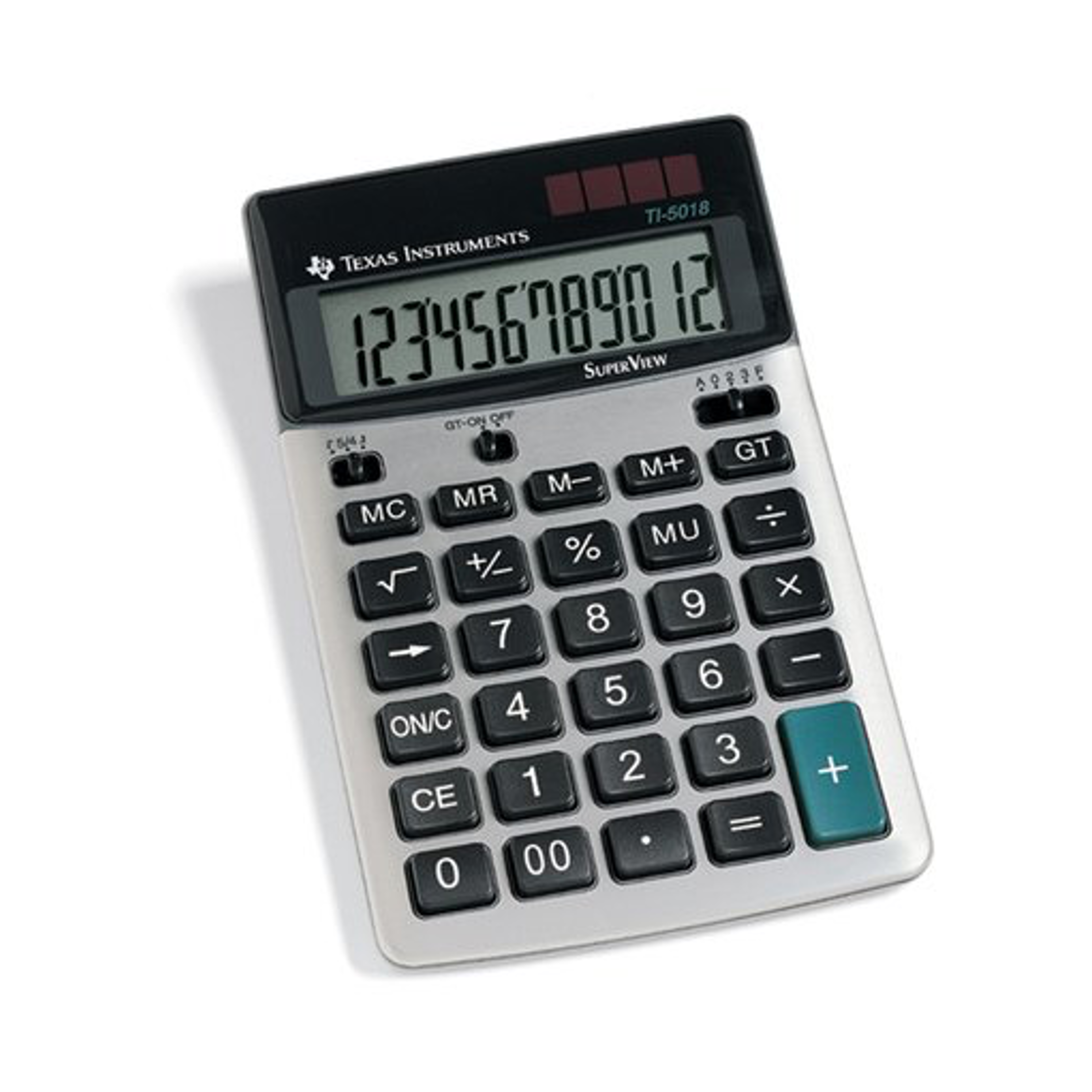 Kalkulator Texas Instruments z przyciskami i wyświetlaczem pokazującym liczby.