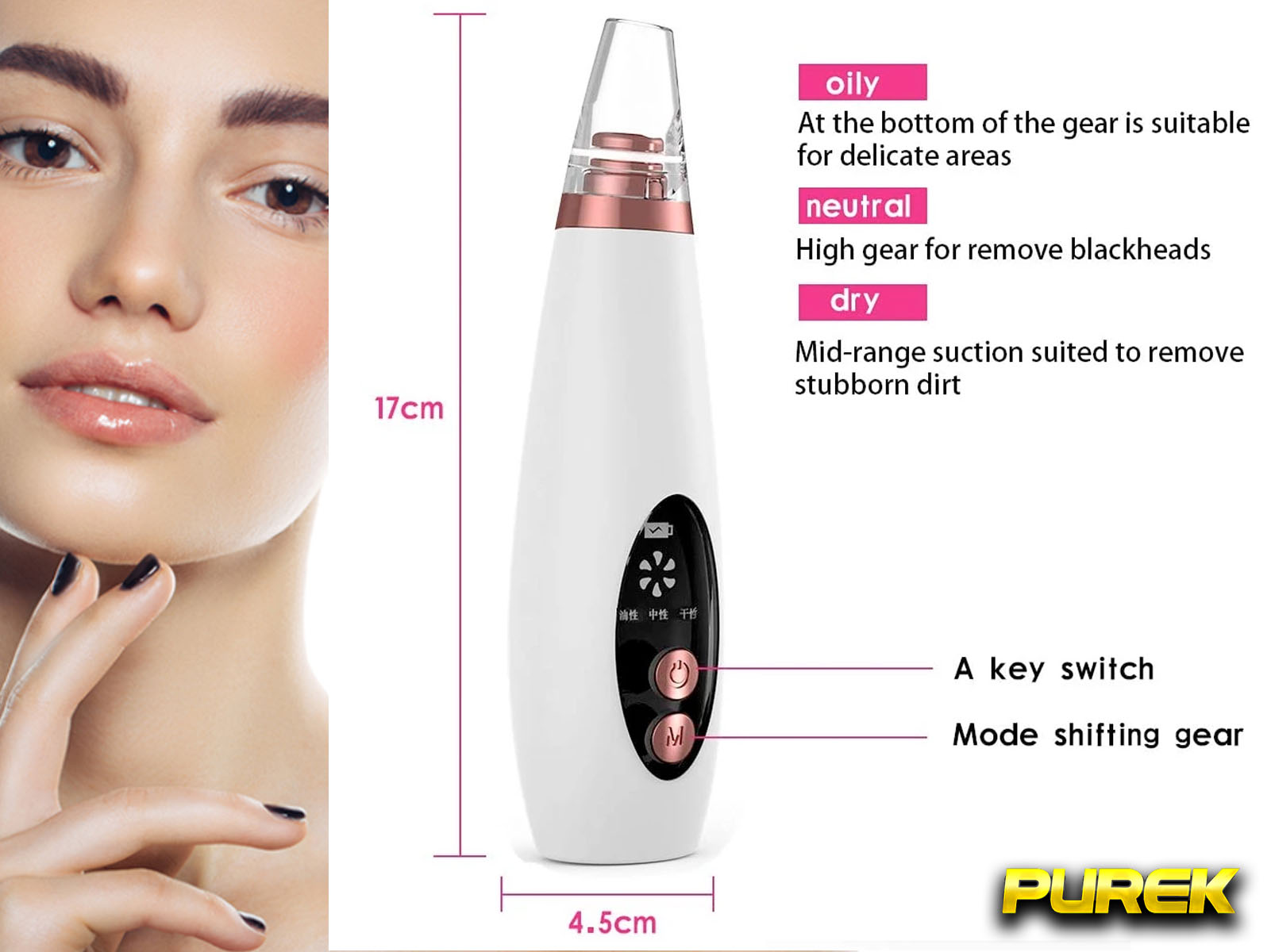 Una mujer y un limpiador de poros facial blanco con descripciones de sus funciones.