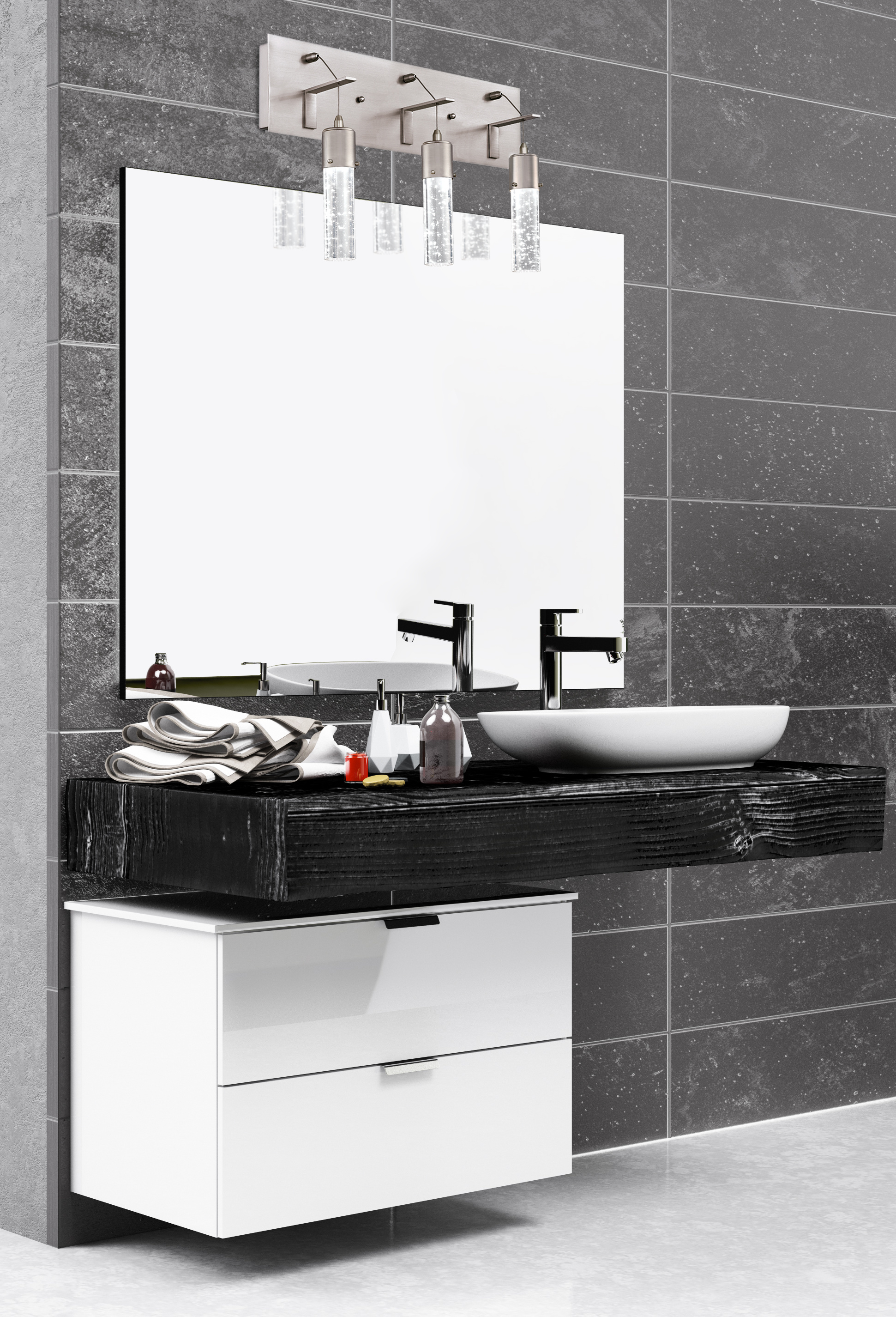 Modernes Badezimmer mit Spiegel, Lichtern, Waschbecken und Schrank. Graue Fliesenwand.