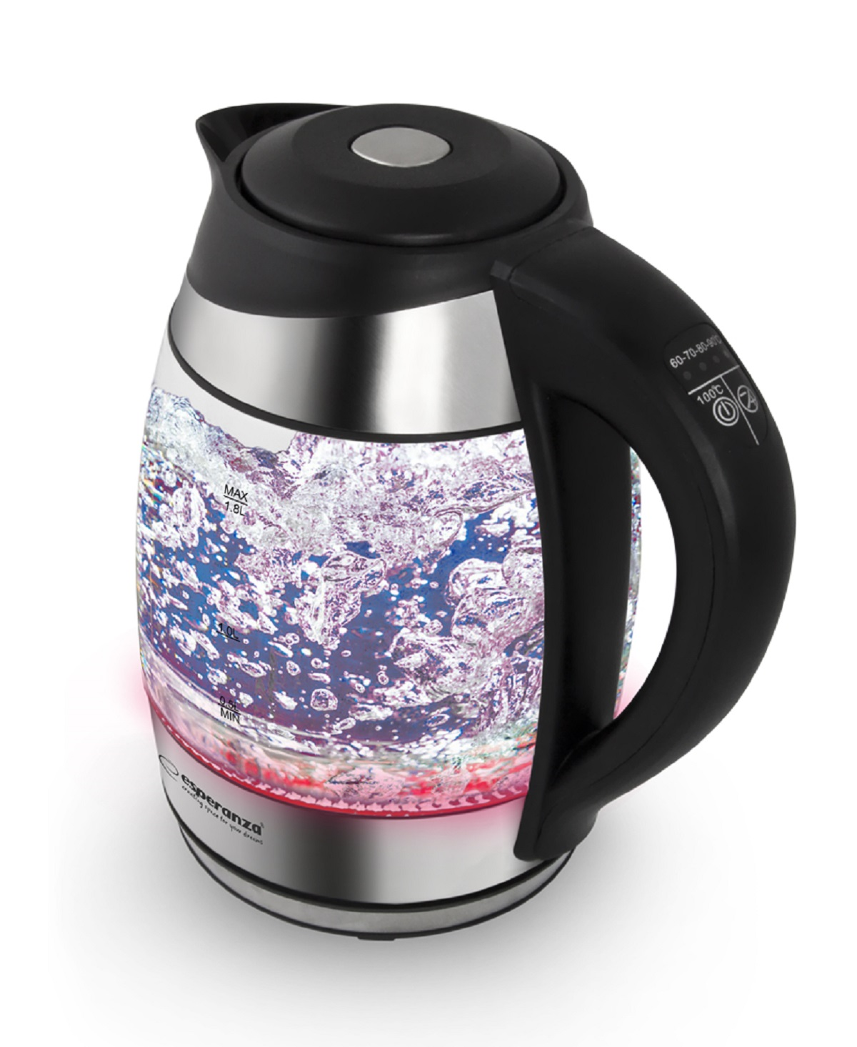 Przezroczysty szklany czajnik elektryczny gotujący wodę, z czerwonym światłem u podstawy. Widoczny czarny uchwyt i pokrywa.