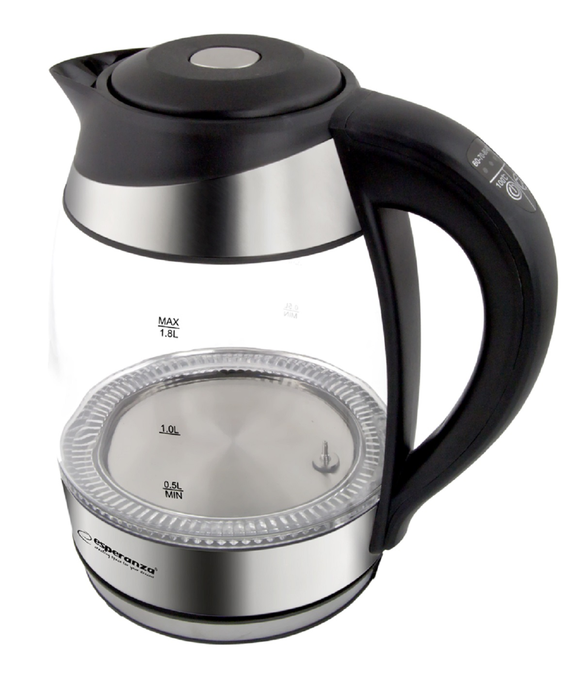 Szklany czajnik elektryczny z czarnym uchwytem i pokrywą. Poziom wody jest zaznaczony.