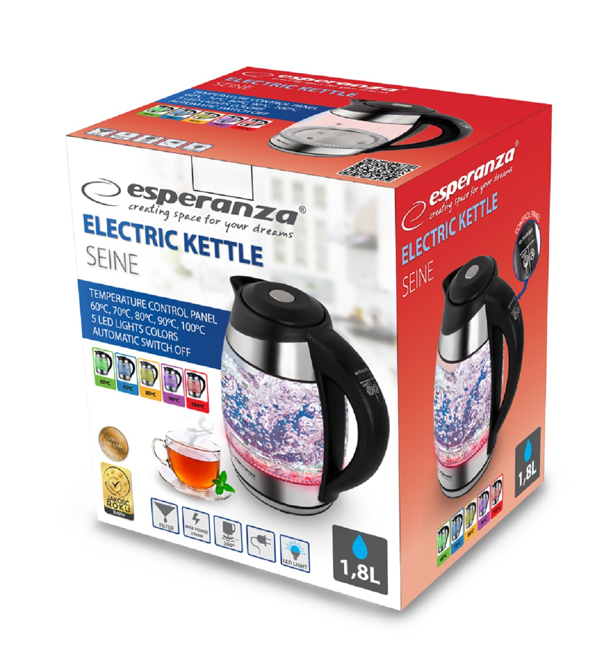 Pudełko czajnika elektrycznego ze zdjęciami czajnika, tekstem o funkcjach i filiżance herbaty.