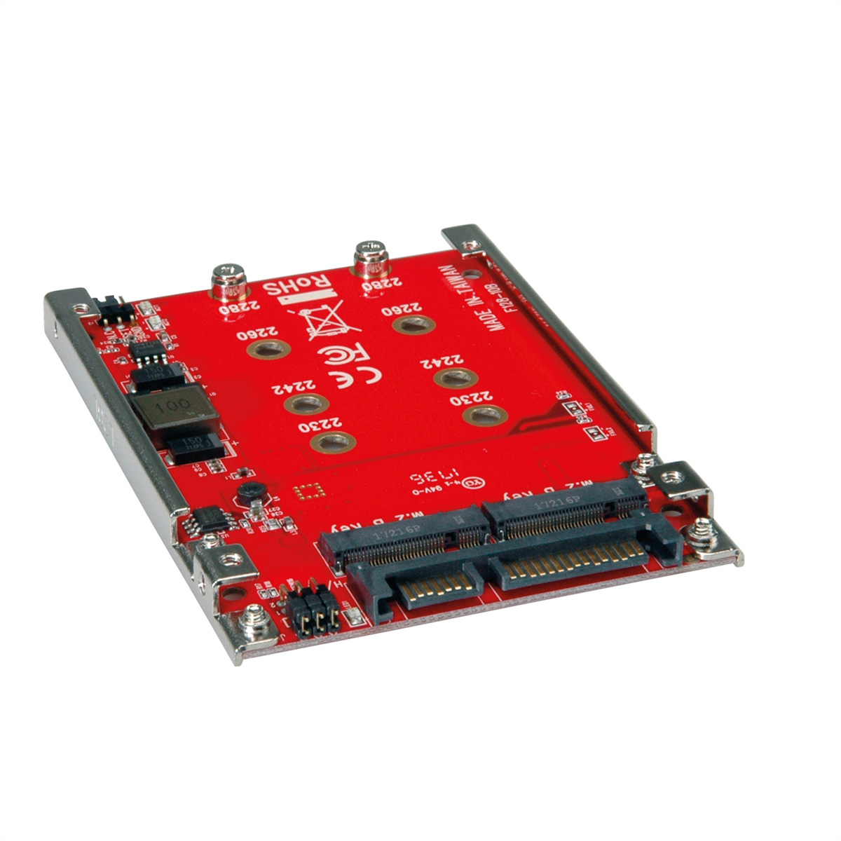 Rote Leiterplatte mit verschiedenen elektronischen Komponenten, Schrauben und Anschlüssen. Weißer Hintergrund. Made in Taiwan.