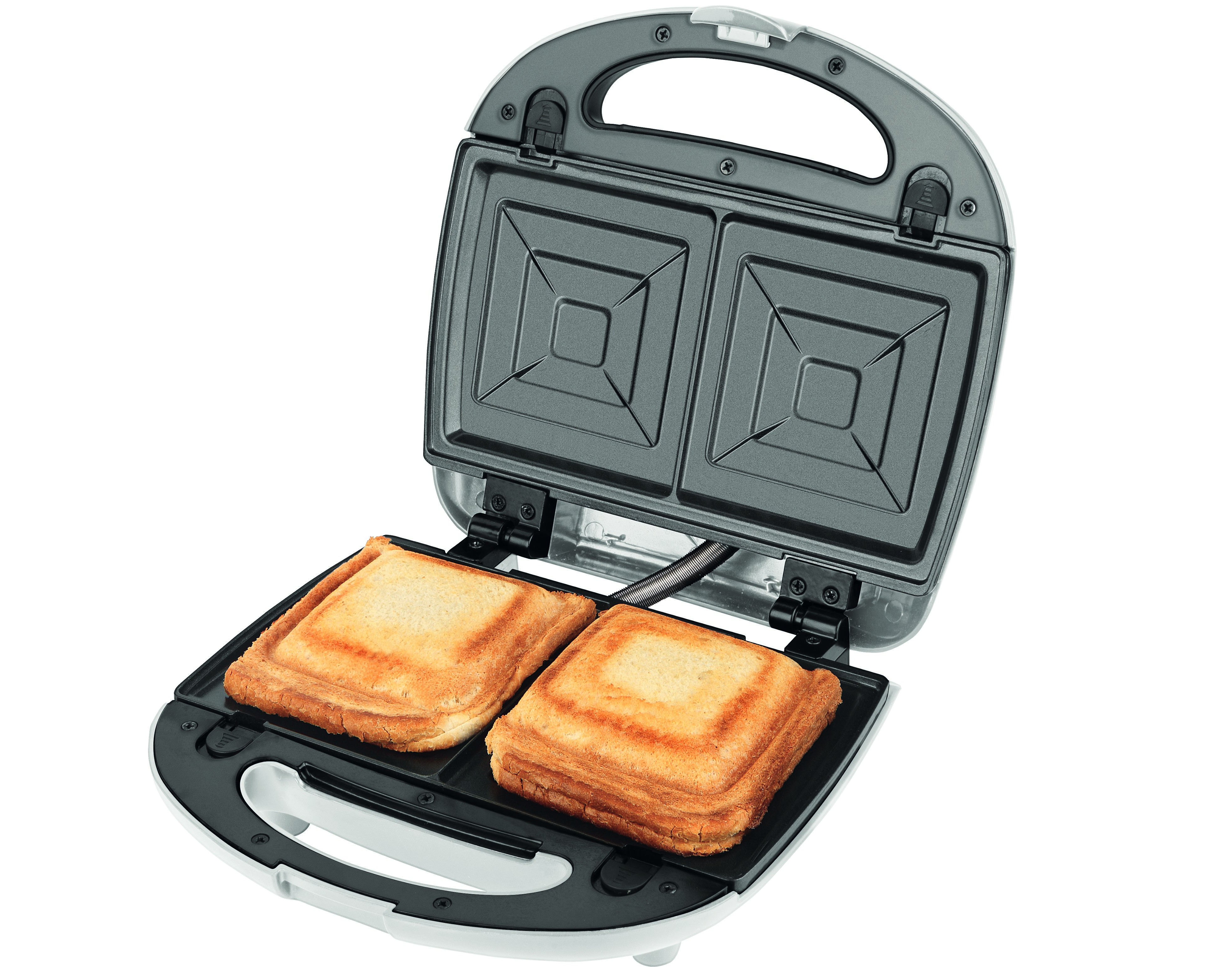 Una sandwichera abierta con dos sándwiches tostados dentro, listos para comer. La sandwichera es blanca.