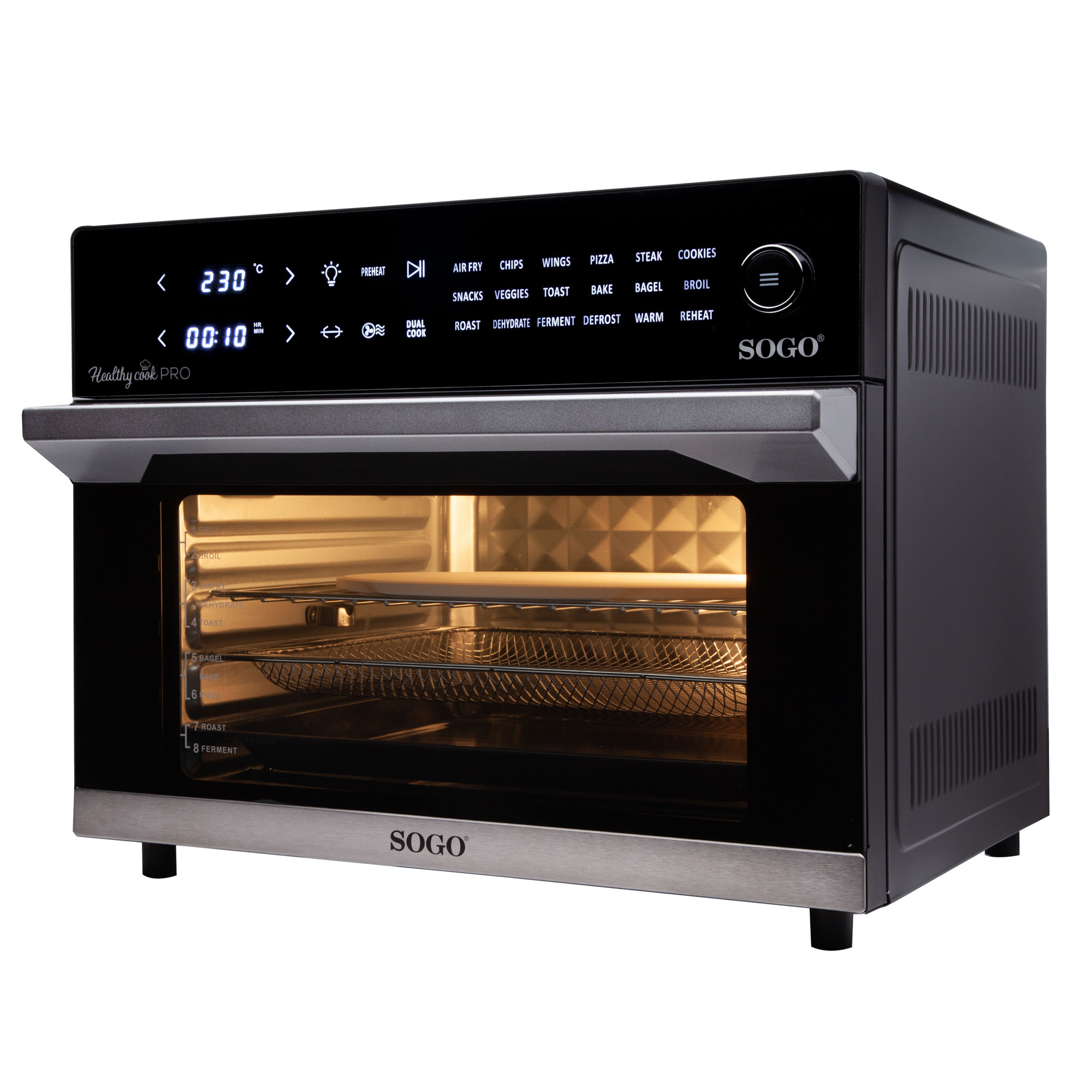 Forno friggitrice ad aria SOGO nero con display e porta aperta che mostra l'interno.