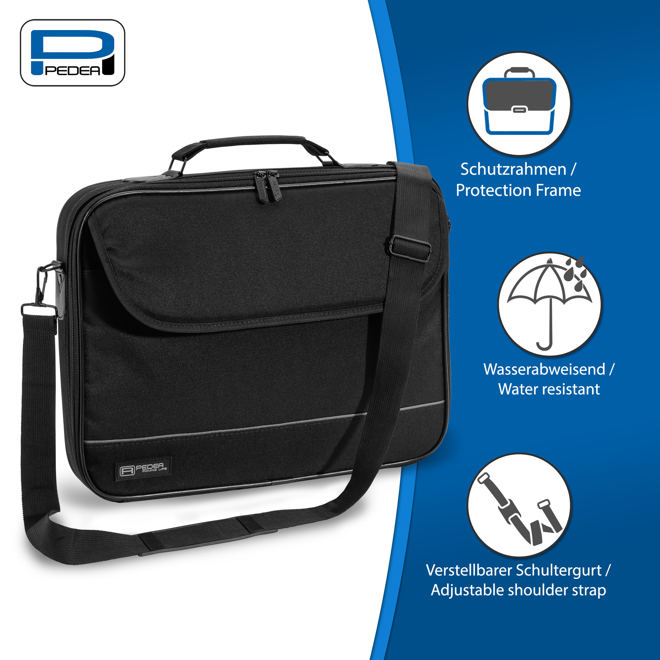 Schwarze Laptoptasche mit Schulterriemen. Text und Symbole befinden sich rechts. Weißer Hintergrund.