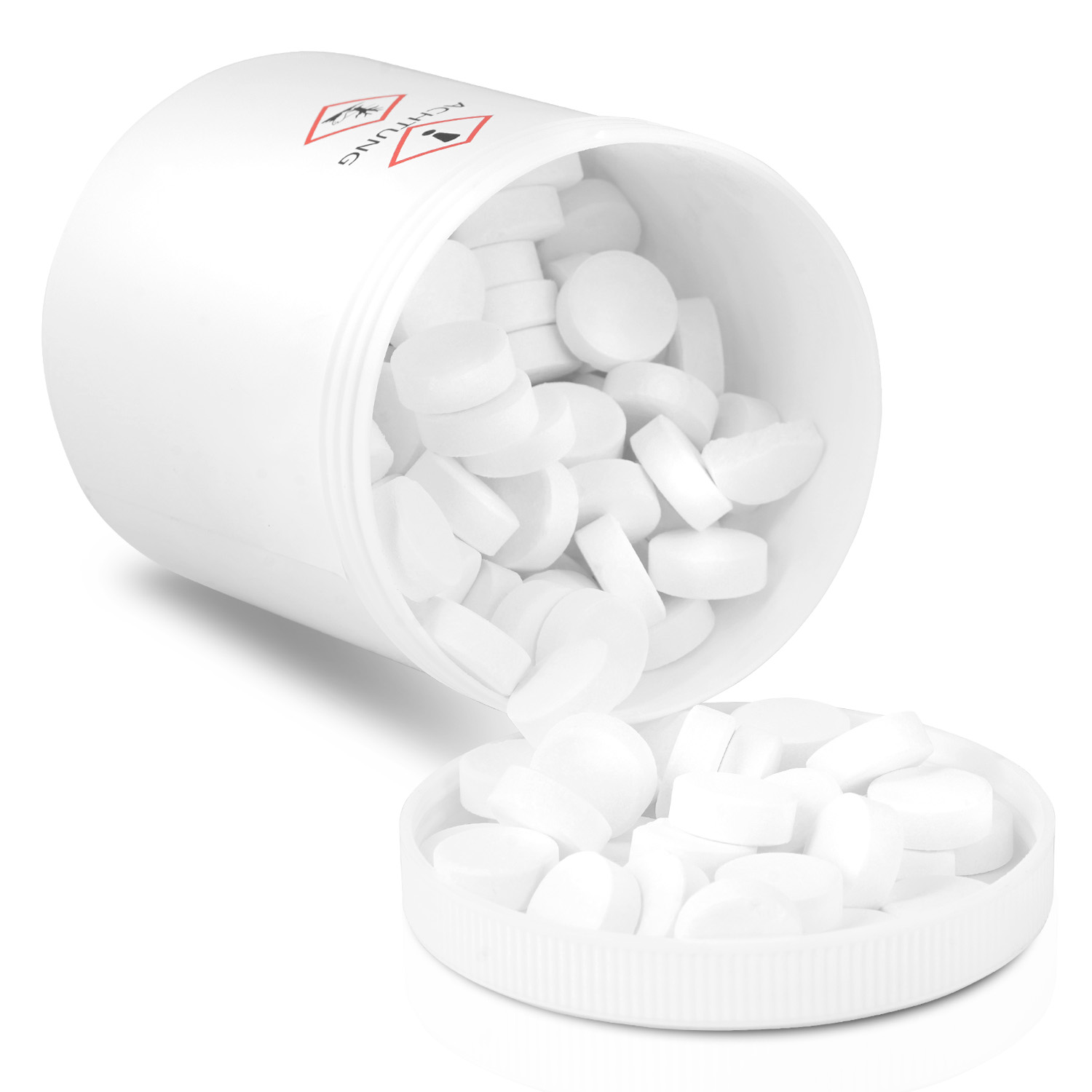 Weißer Behälter mit Tabletten, die herausfallen, mit Tabletten darunter verstreut.