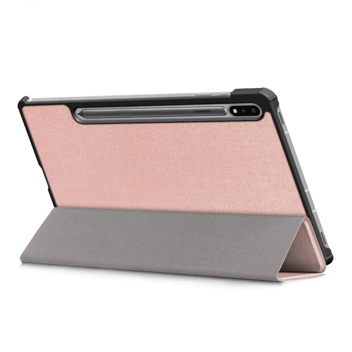 Tablet in einem rosa Etui, aufgestellt. Weißer Hintergrund.