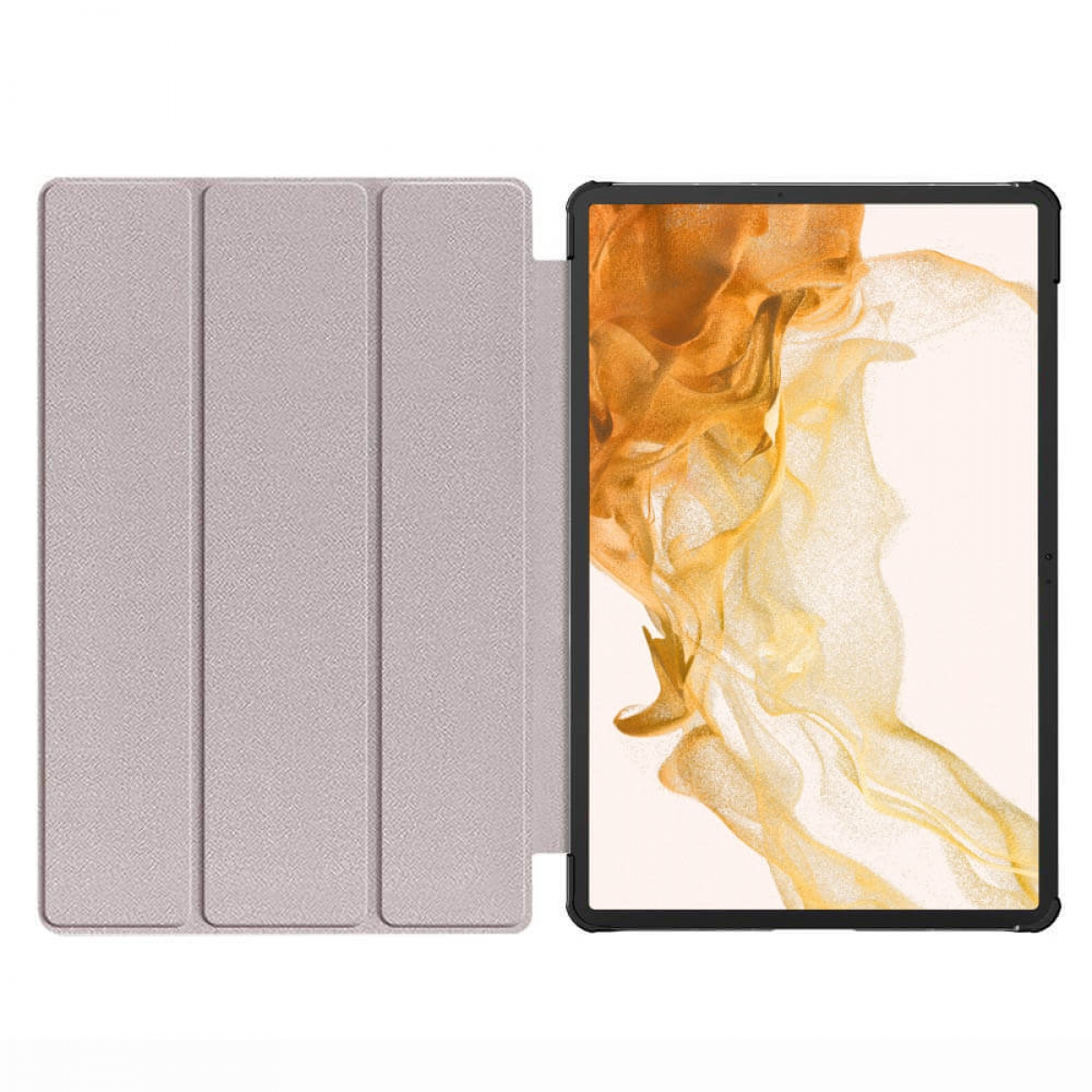 Graue Tablethülle, offen, hält ein Tablet. Das Tablet hat einen Bildschirm mit beigem Muster.
