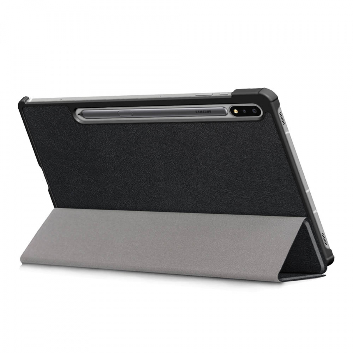 Tablet in schwarzer Hülle, hochgestellt, zeigt den Bildschirm.