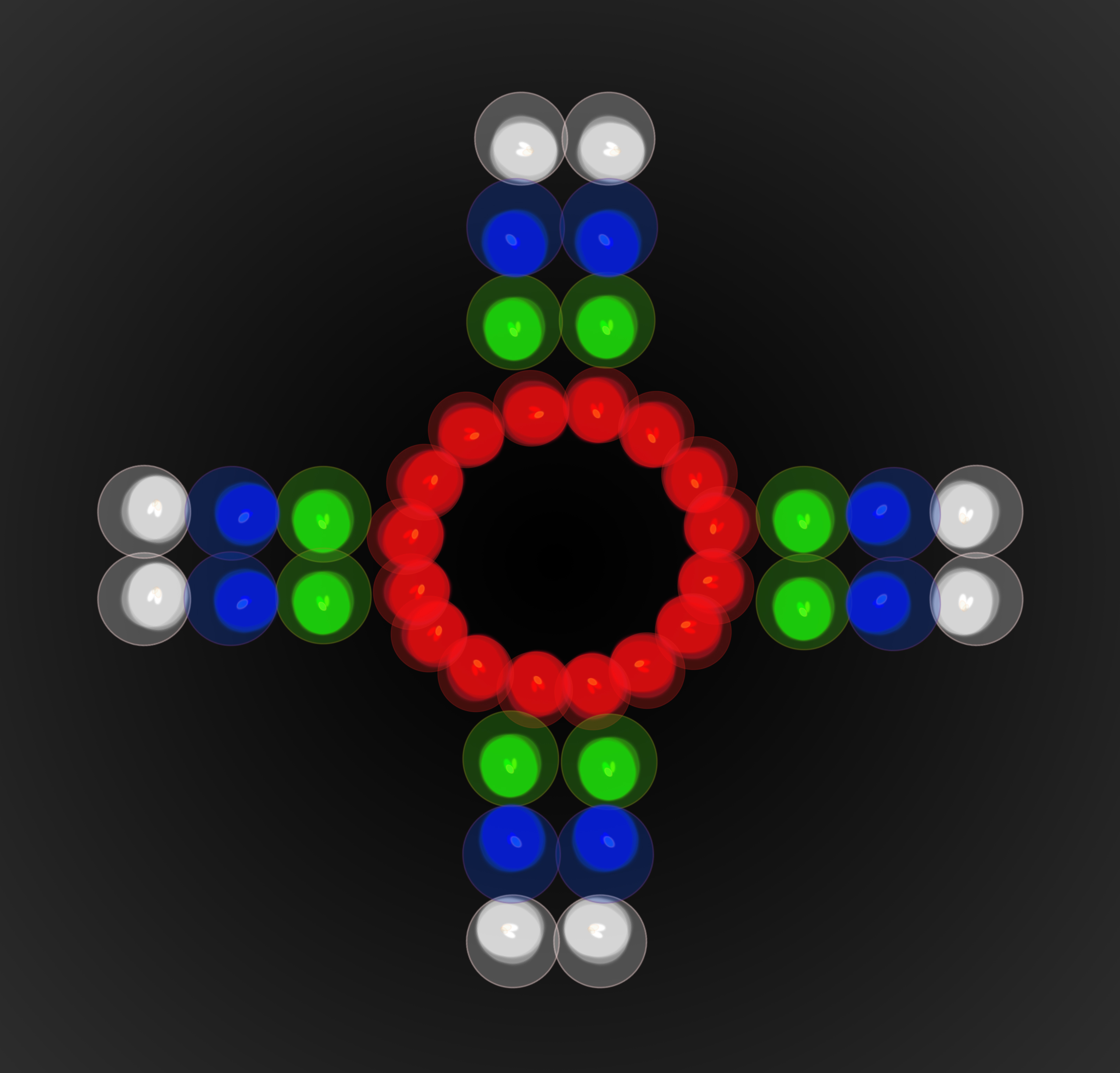 Een abstracte kruisvorm, samengesteld uit cirkels. Rode cirkels vormen het midden, met gekleurde cirkels die naar buiten uitstrekken.