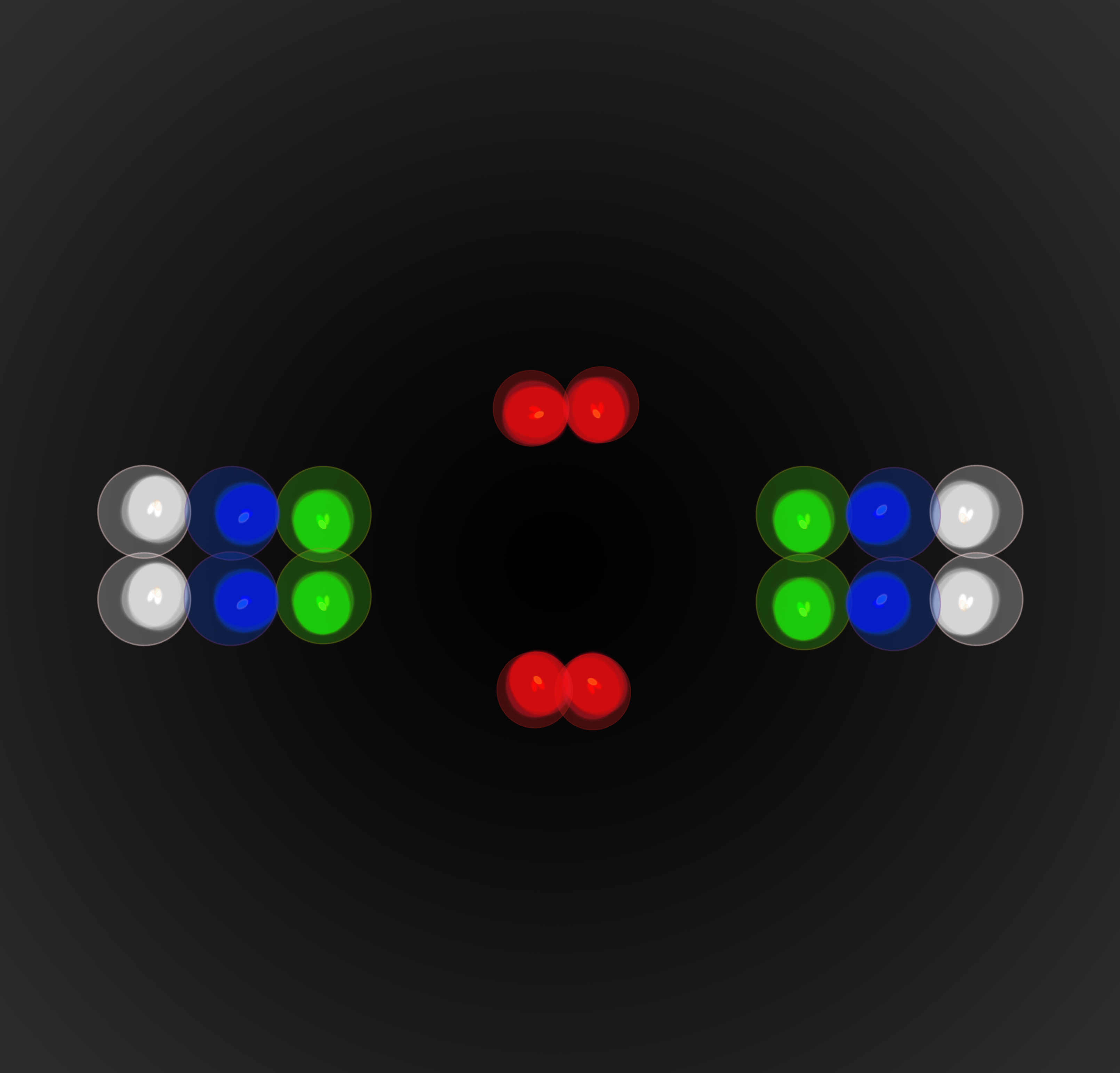 Abstract beeld met gekleurde cirkels op zwarte achtergrond.